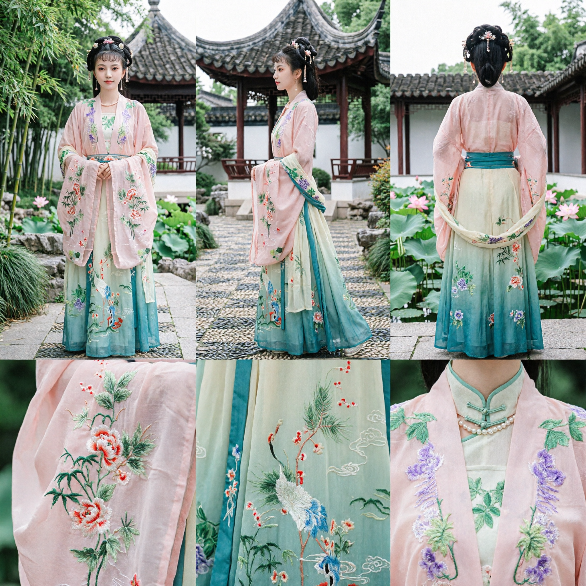 Elegant Pink and Green Chinese Hanfu Traditional Ancient Costume for Women with Floral Embroidery