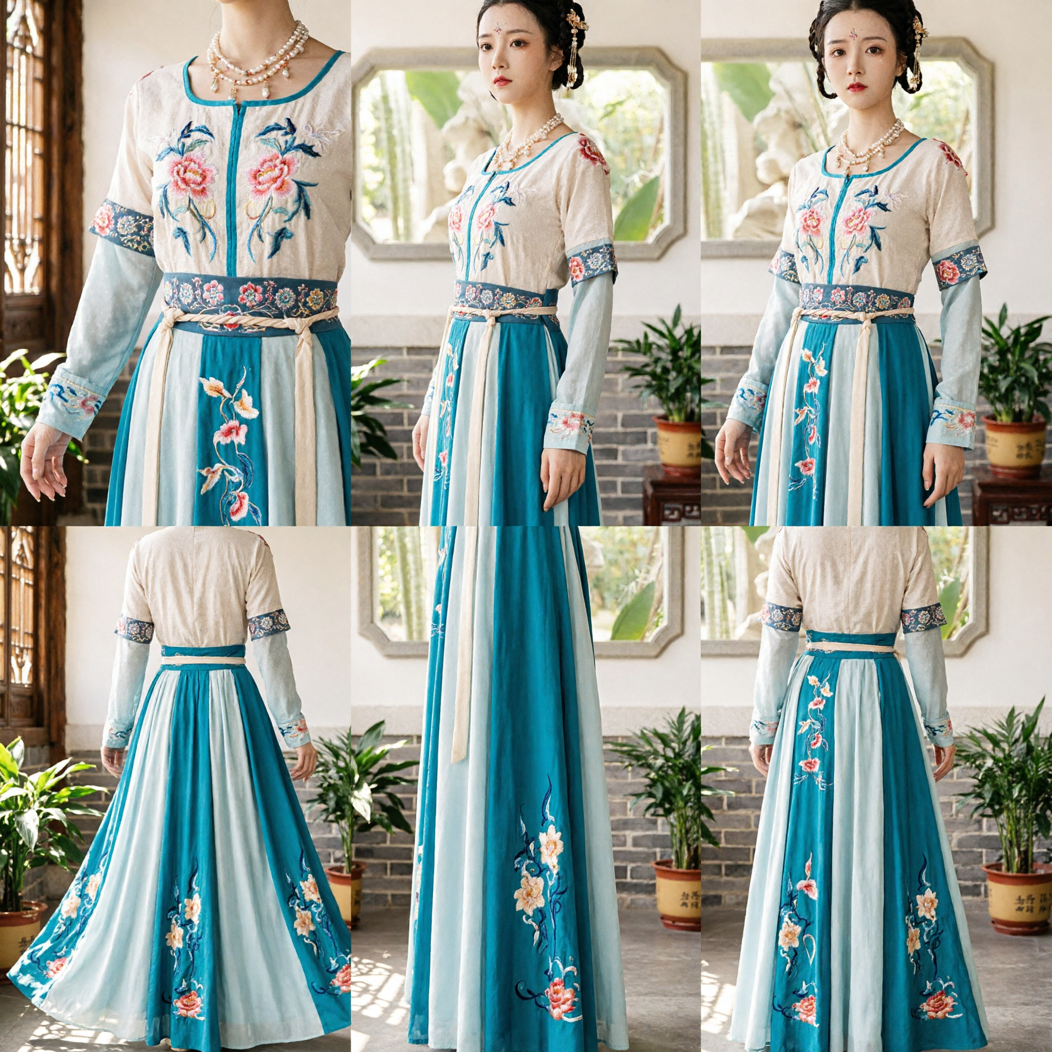 Traditional Chinese Hanfu Costume Women Ancient Embroidered Teal Dress Classical Dance Performance Stage Clothing