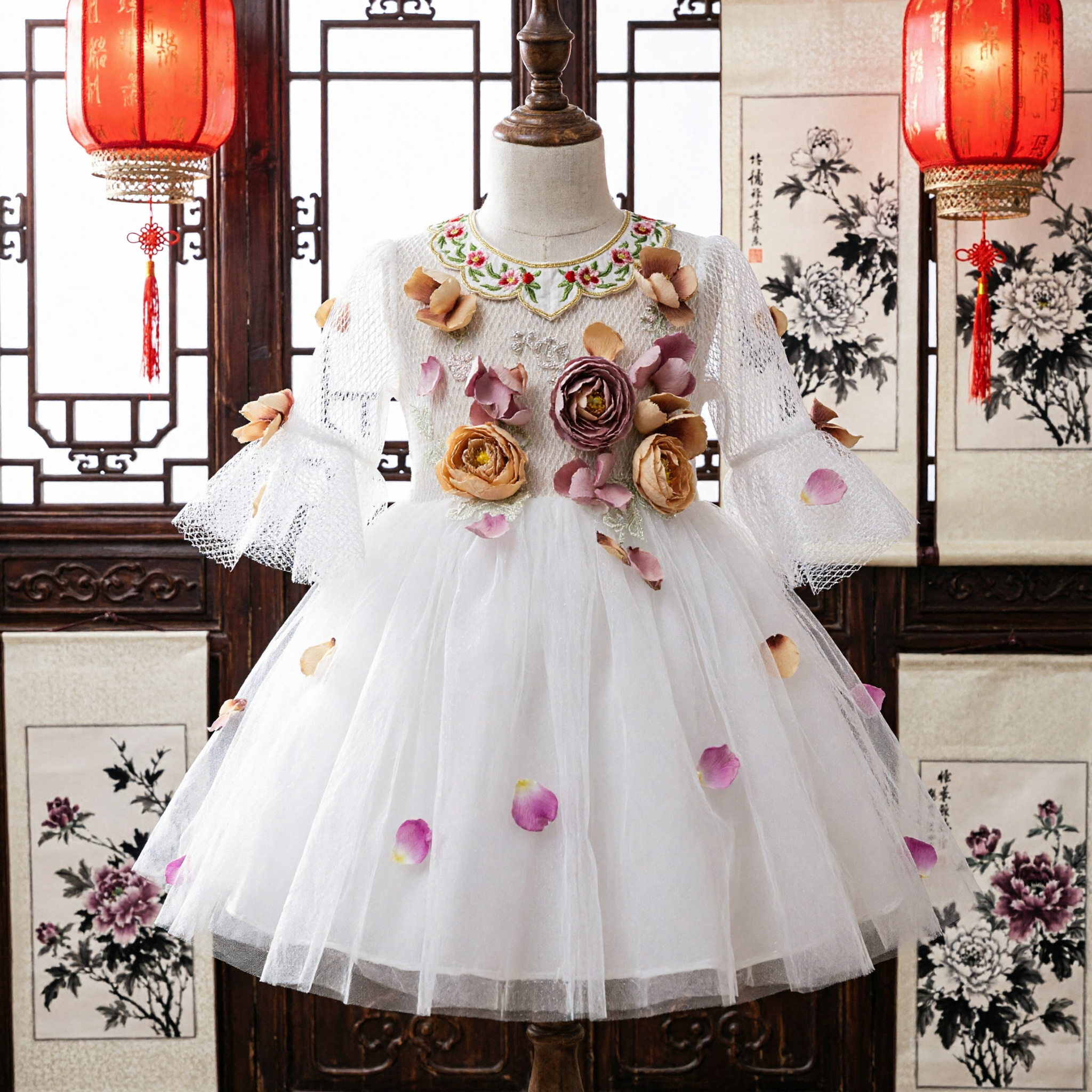 Elegant Girls White Tulle Dress with 3D Floral Appliques Long Sleeve Wedding Flower Girl Gown