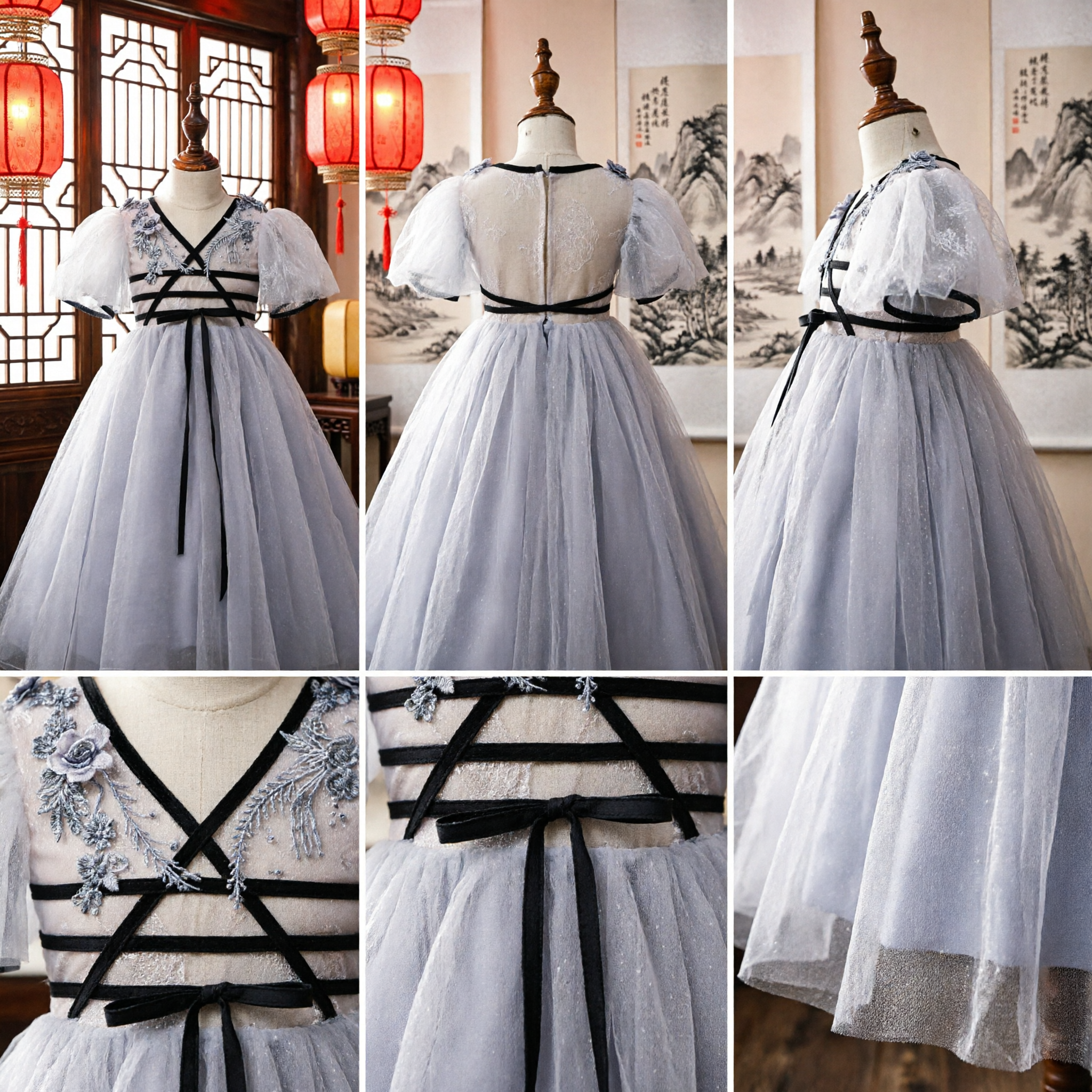 Kids Traditional Chinese Hanfu Inspired Dress Embroidered Tulle Ballgown for Flower Girl Wedding Party