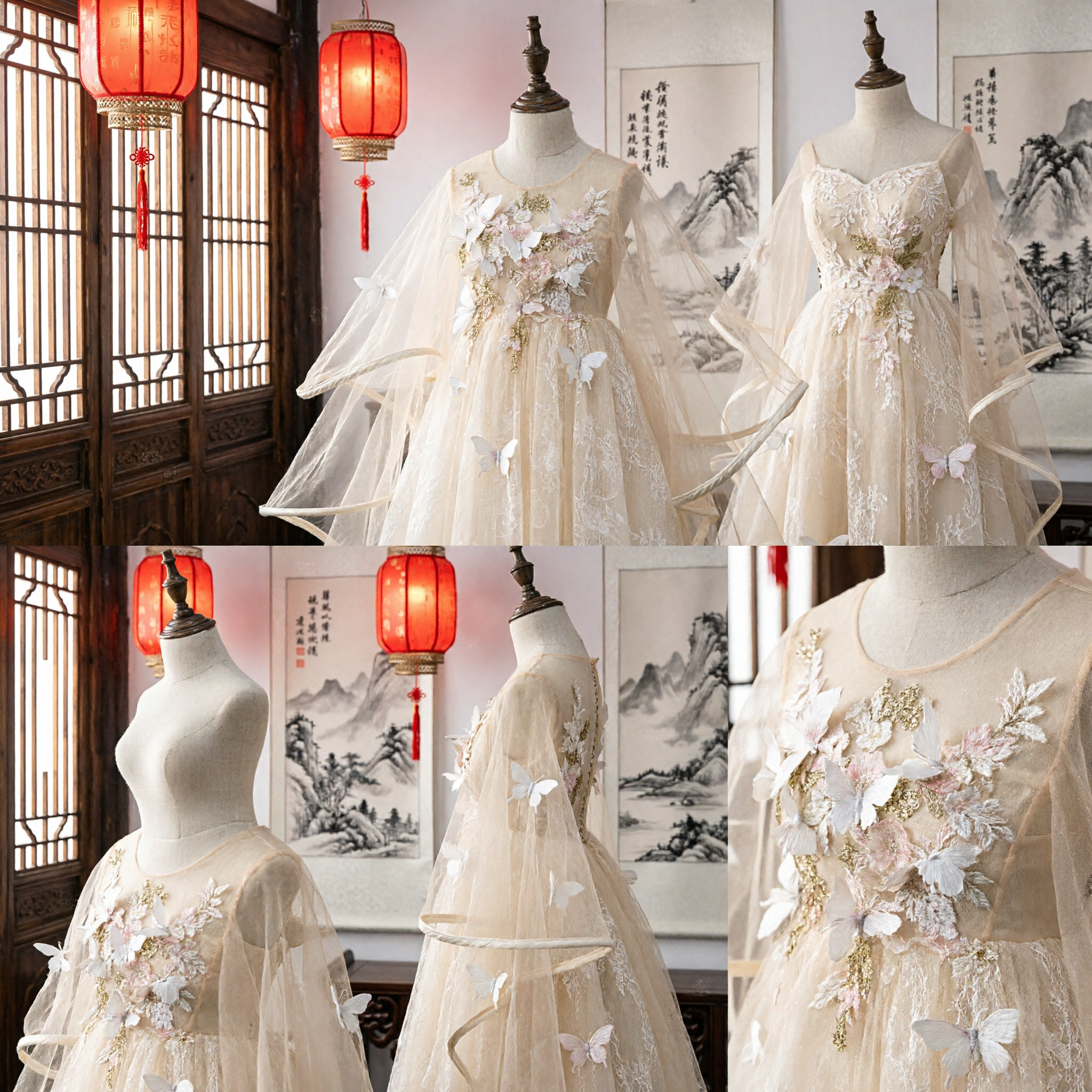Elegant Cream Fairy Hanfu Dress for Girls with 3D Flowers Butterflies and Structured Sheer Cape