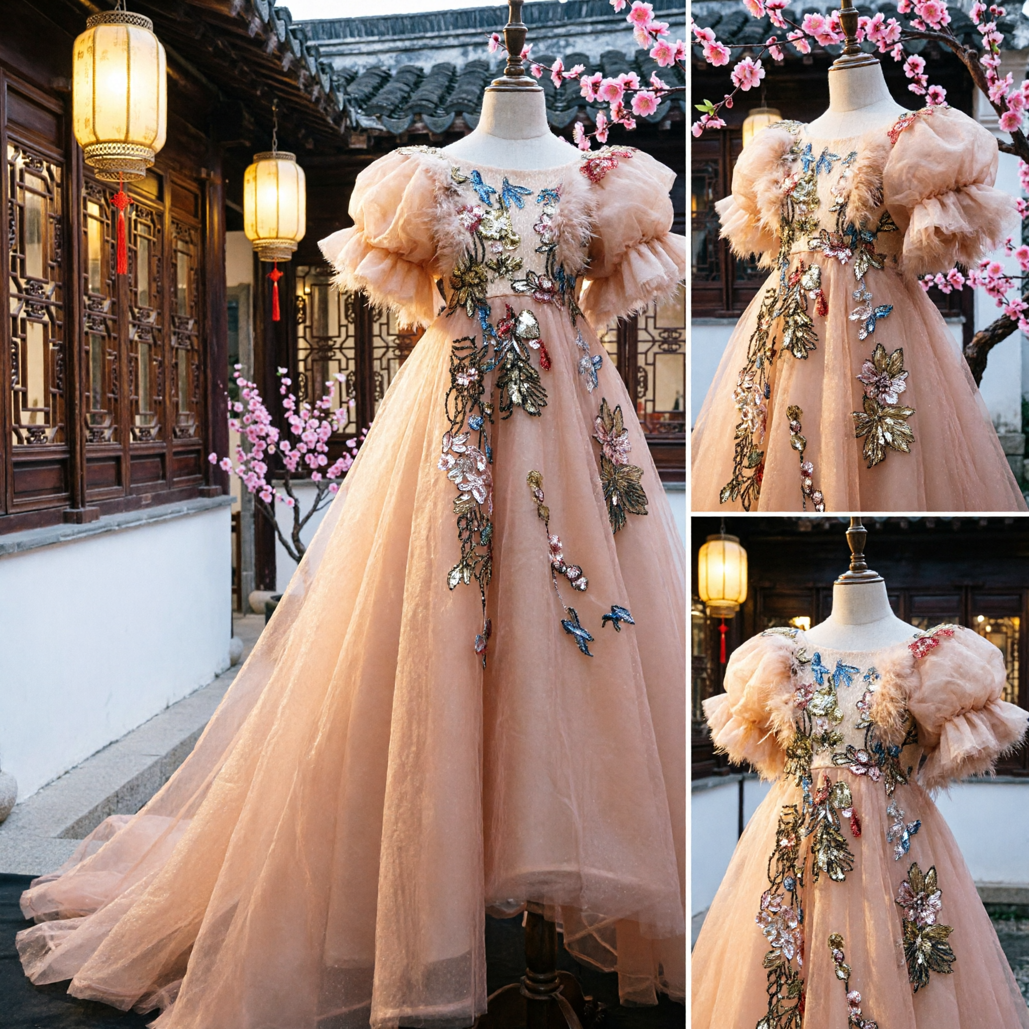 Elegant Champagne Princess Ballgown for Girls Long Tulle Flower Girl Wedding Dress with Floral Embroidery Puffy Sleeves
