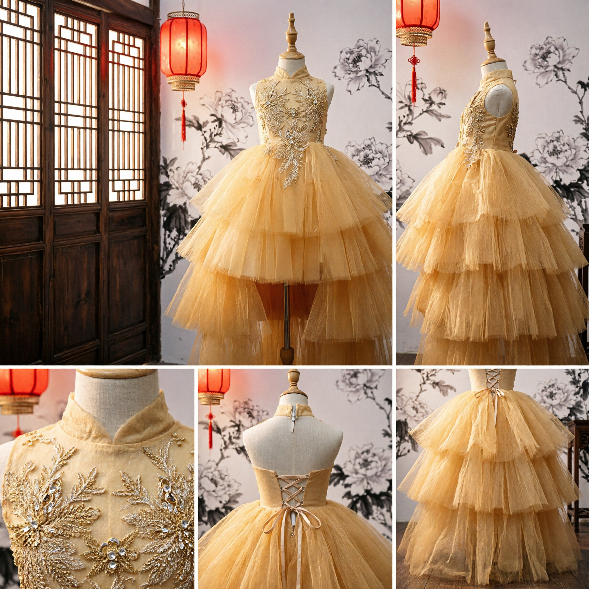 Elegant Gold Embroidered Tulle Flower Girl Dress High Neck Tiered Pageant Wedding Gown for Kids