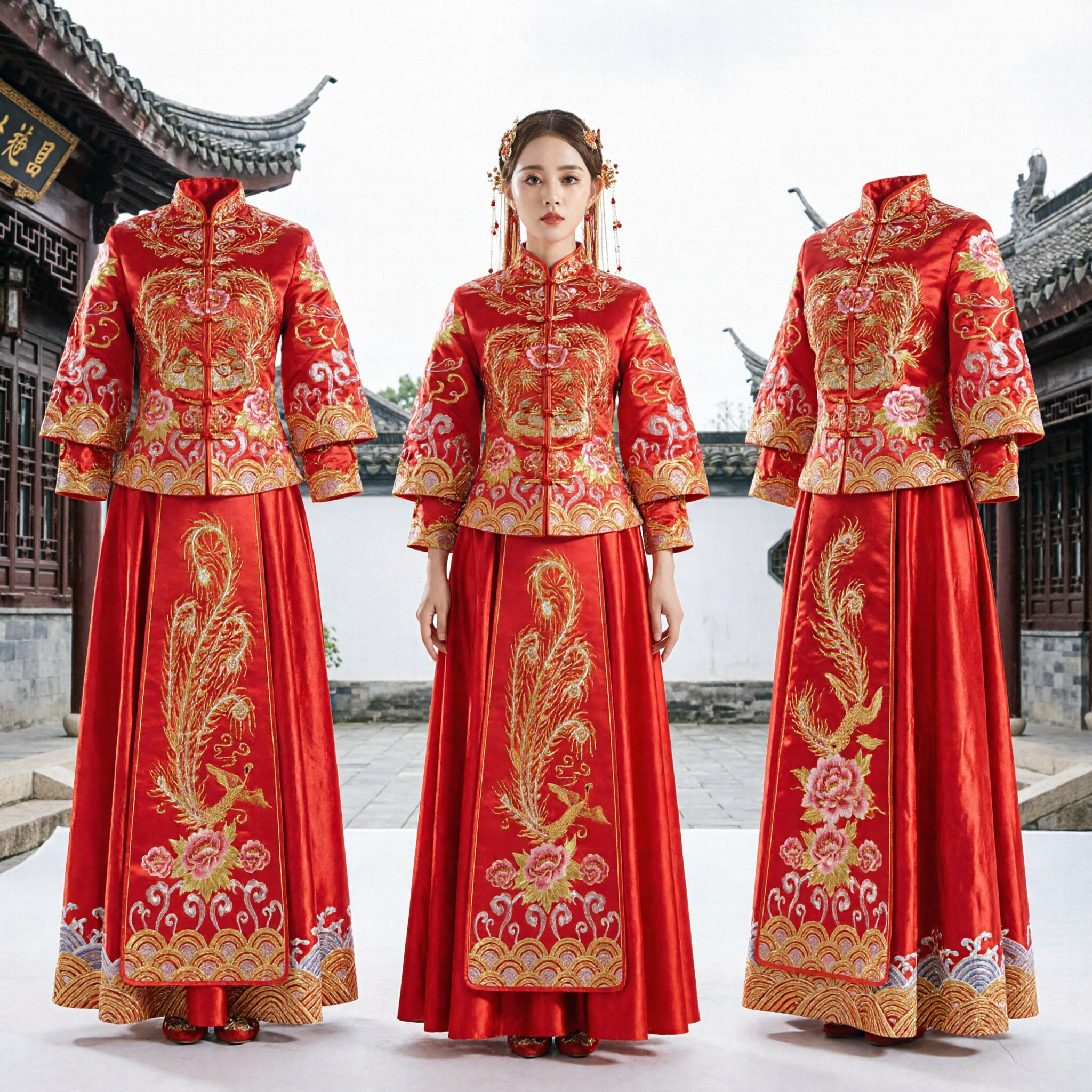 Traditional Chinese Wedding Dress Red Xiuhe Suit Phoenix Embroidery Top and Skirt Set for Bride
