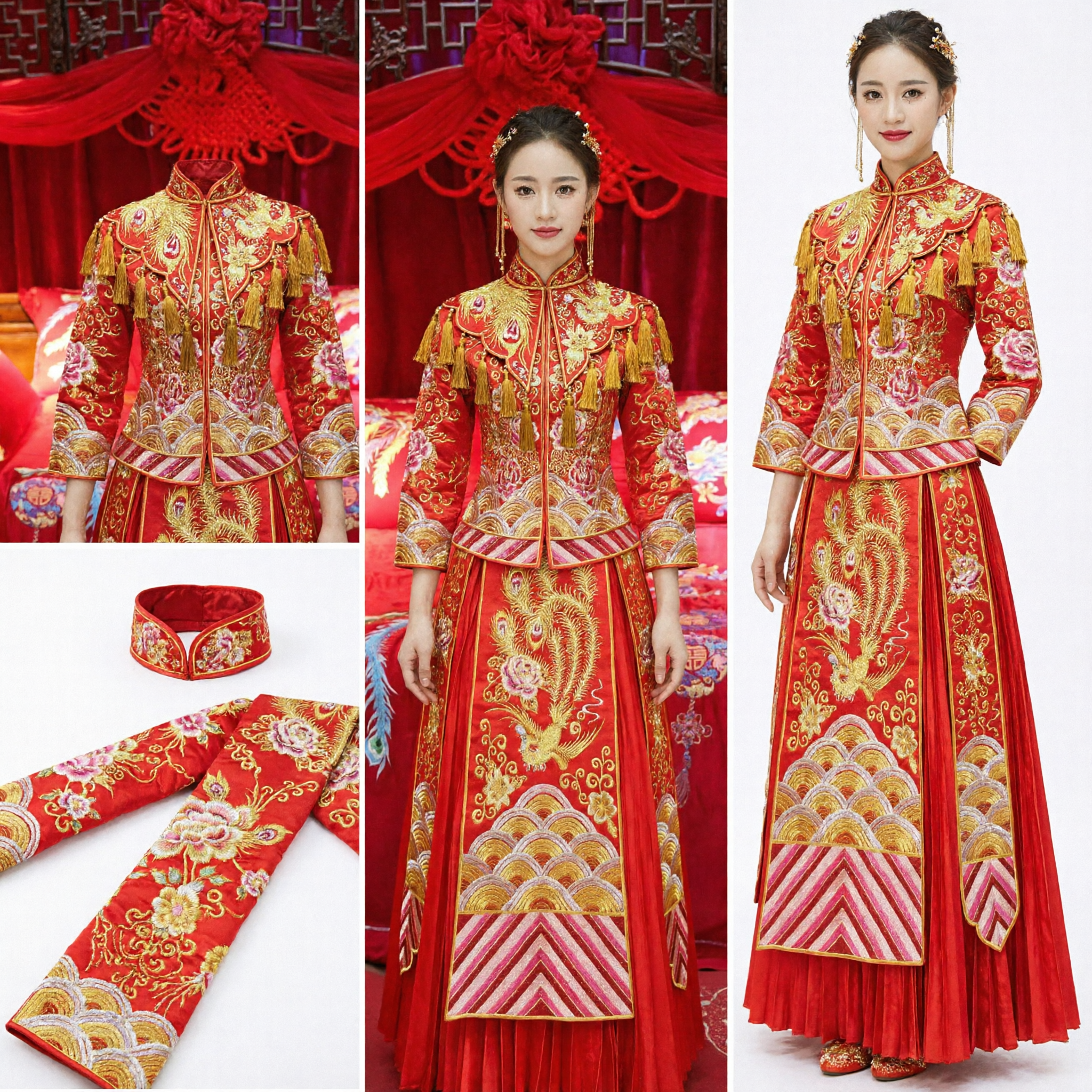 Traditional Chinese Wedding Dress Red Xiuhe Suit with Gold Phoenix Embroidery Ancient Bride Costume