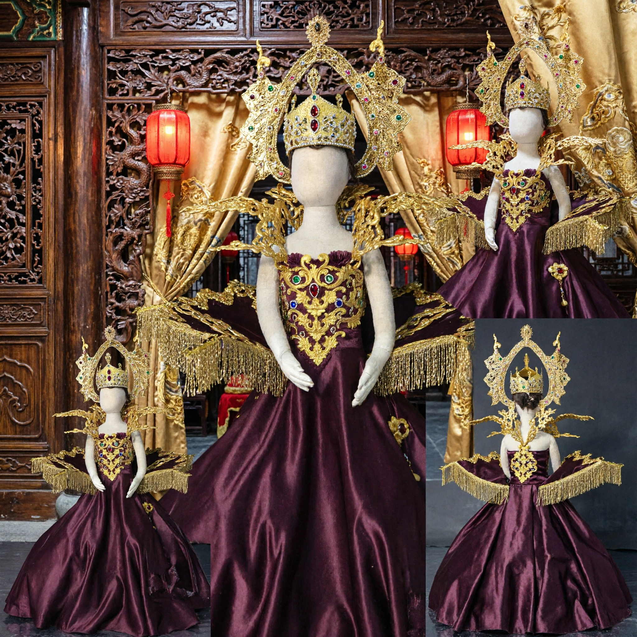Kids Burgundy Angel Stage Performance Costume with Golden Headdress and Wings for Dance