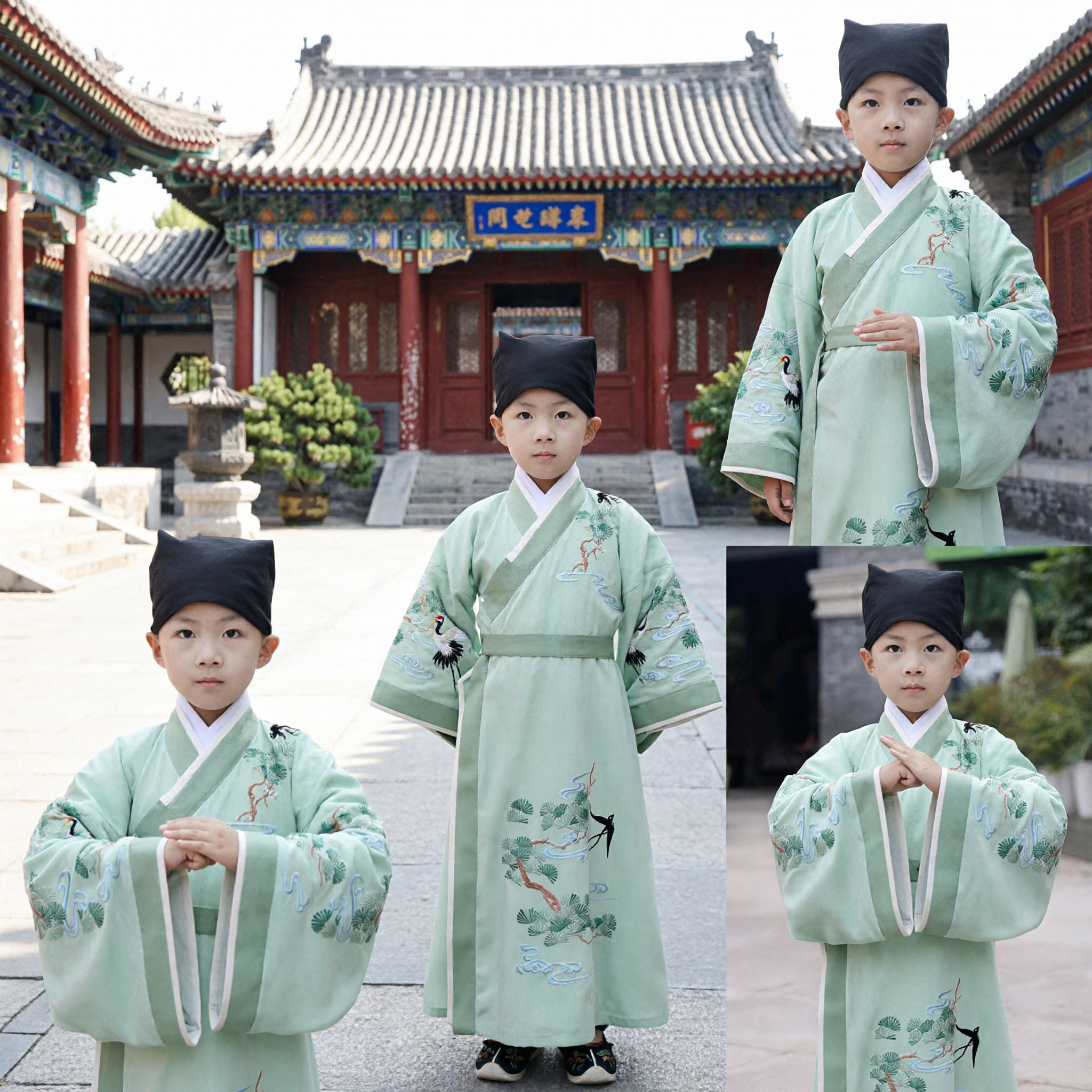 Traditional Chinese Hanfu Costume for Boys Kids Ancient Scholar Green Robe with Pine Embroidery Set