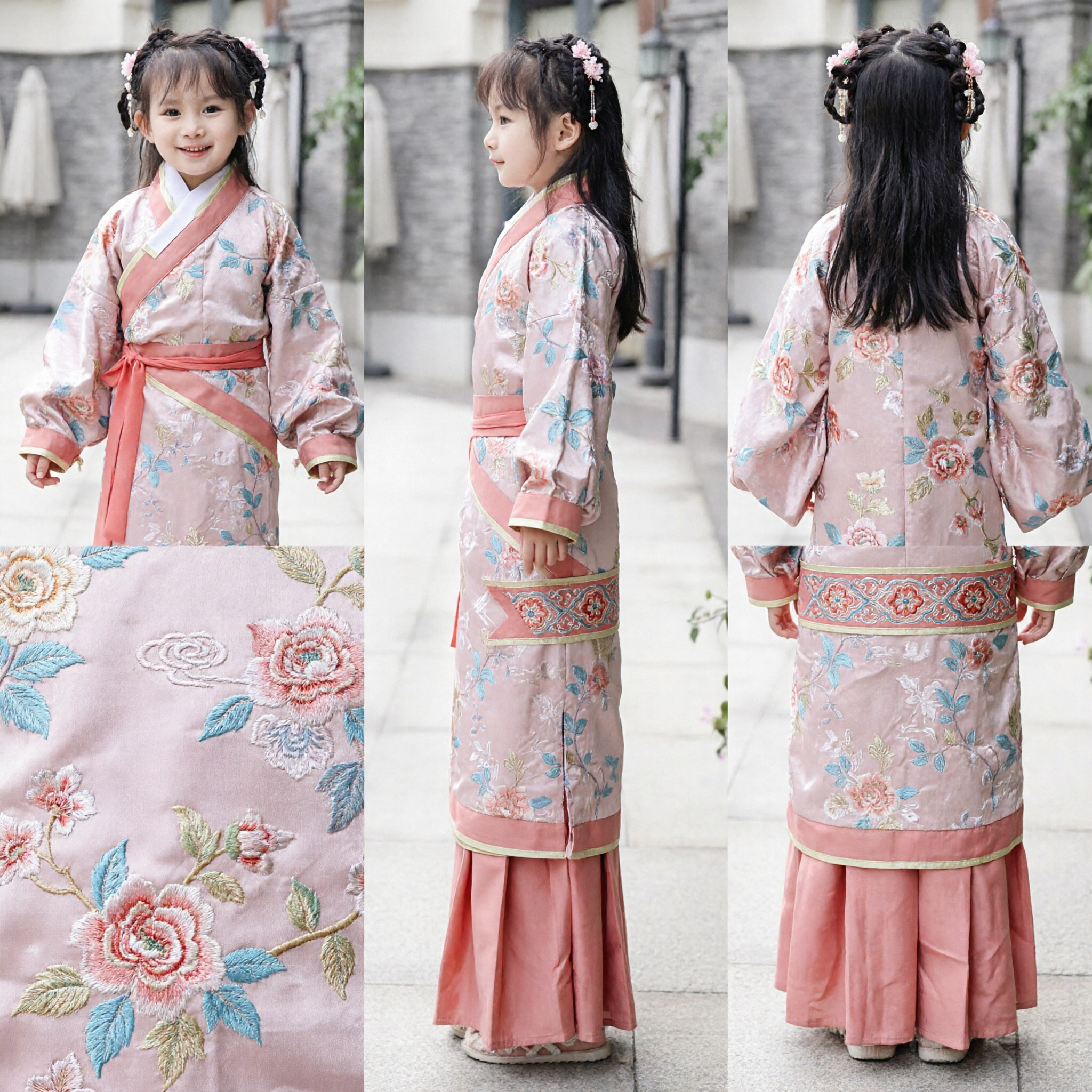 Traditional Chinese Hanfu for Girls Kids Ancient Costume Floral Embroidery Tang Suit Dress for Festival Performance