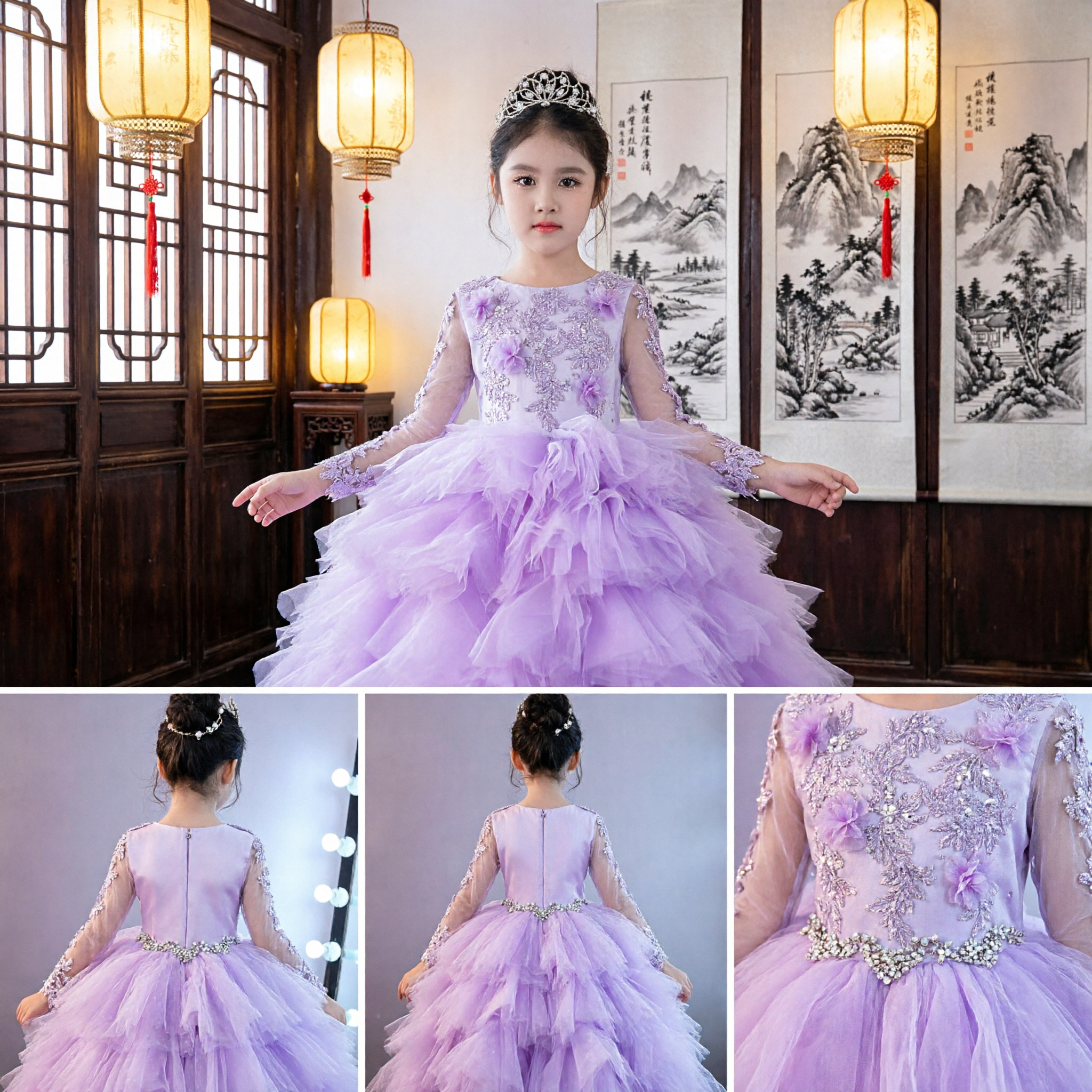 Kids Girls Purple Sequin Flower Girl Dress Princess Ball Gown for Wedding Pageant Party Performance