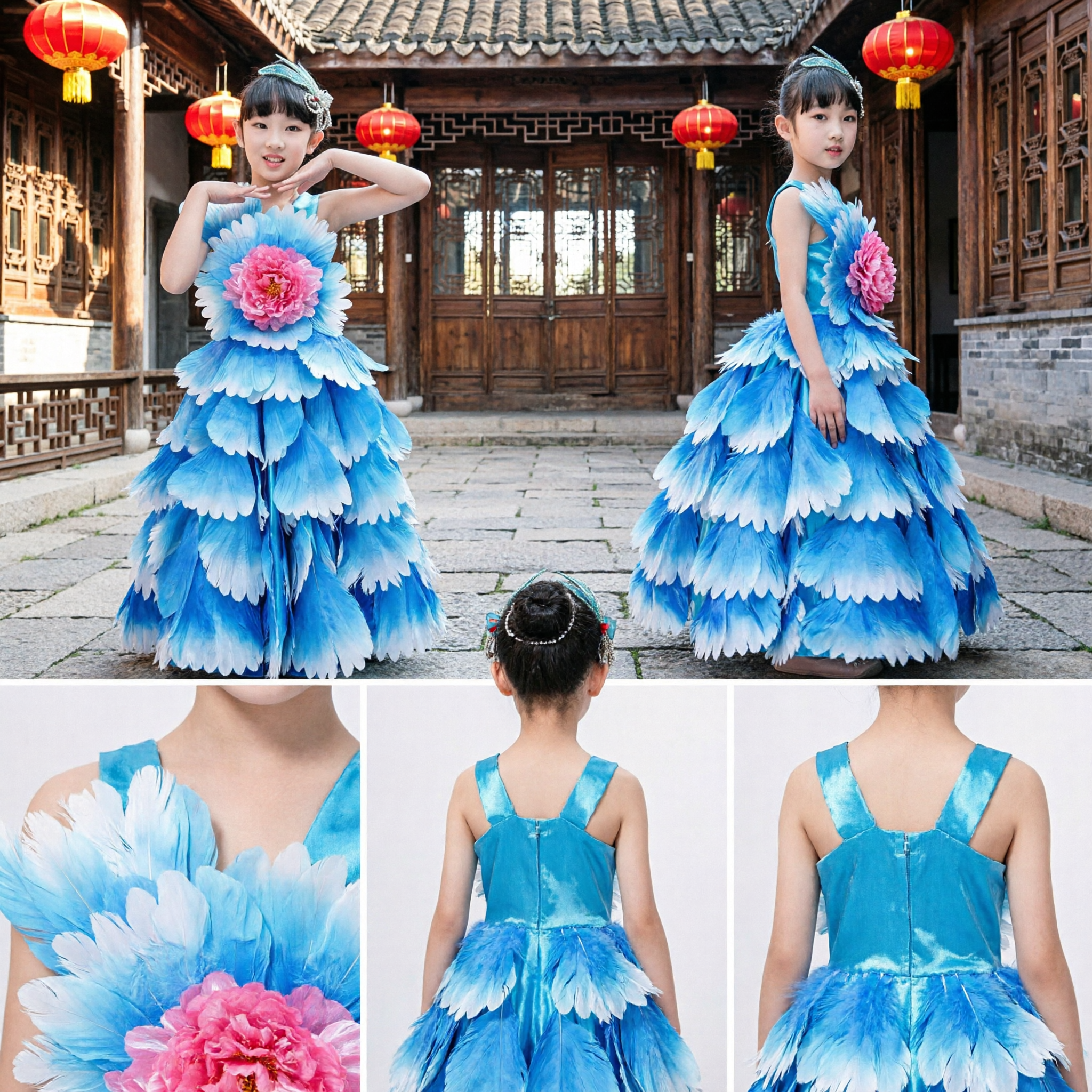 Children Girls Blue Peony Flower Dance Costume Traditional Chinese Folk Stage Performance Dress Outfit