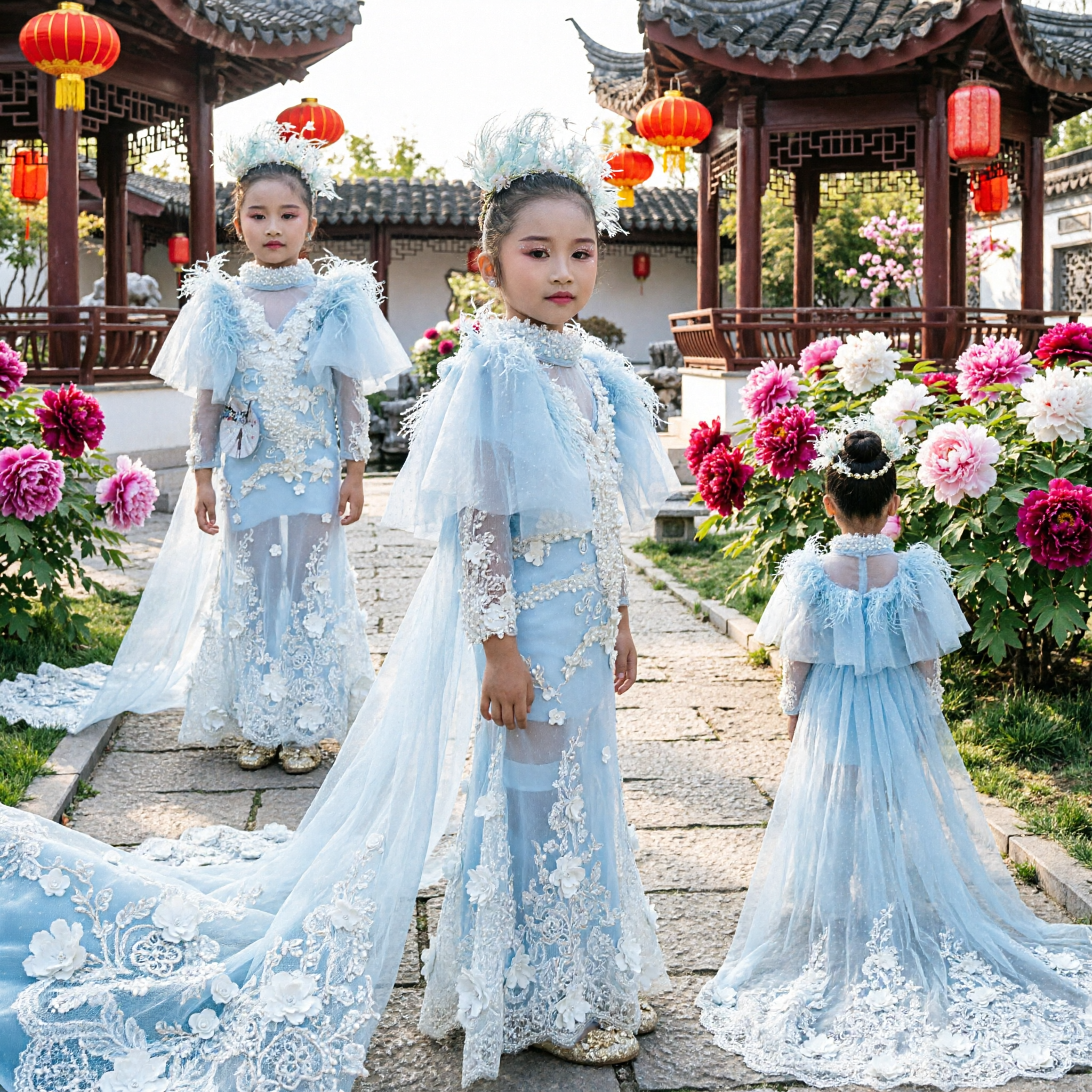 Elegant Light Blue Kids Princess Pageant Gown with Feather Cape and 3D Floral Lace for Weddings
