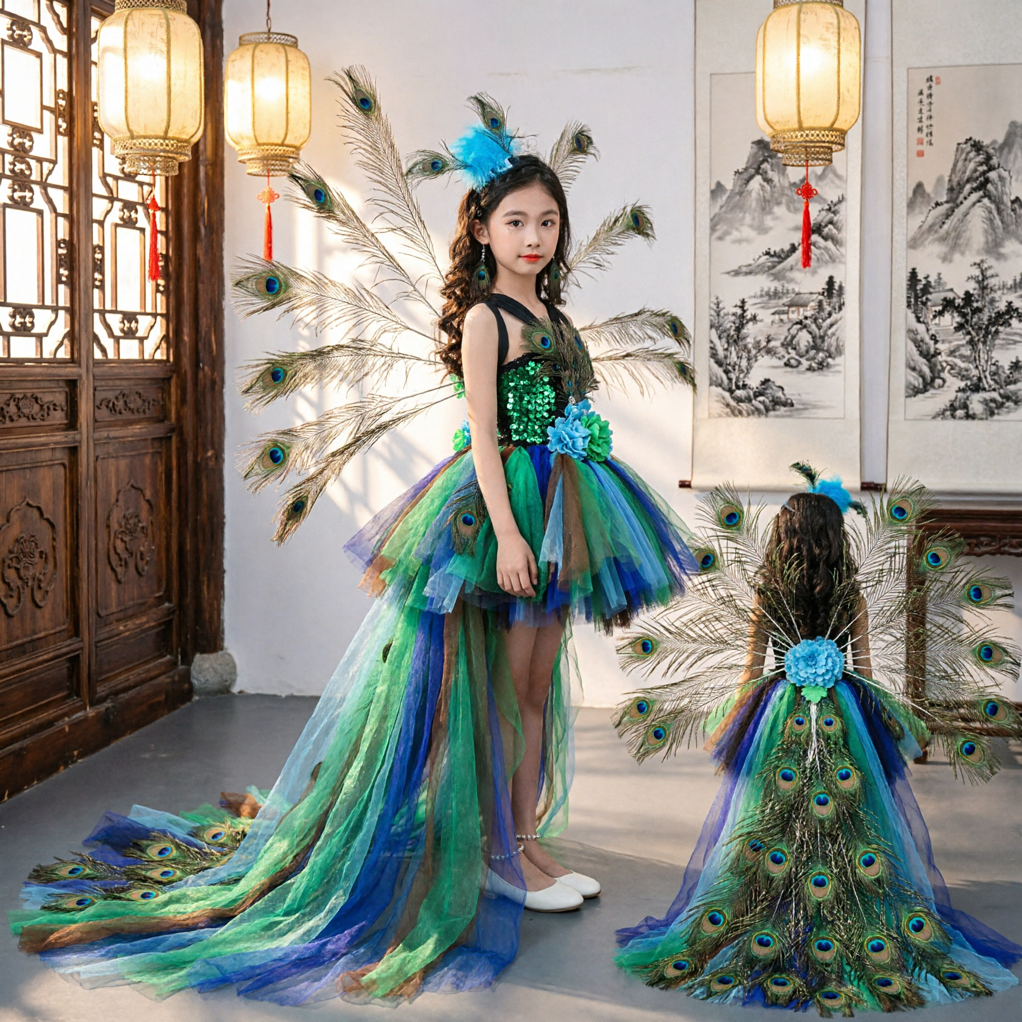 Kids Girls Peacock Dance Costume Traditional Chinese Stage Performance Dress Green Blue Feather Outfit