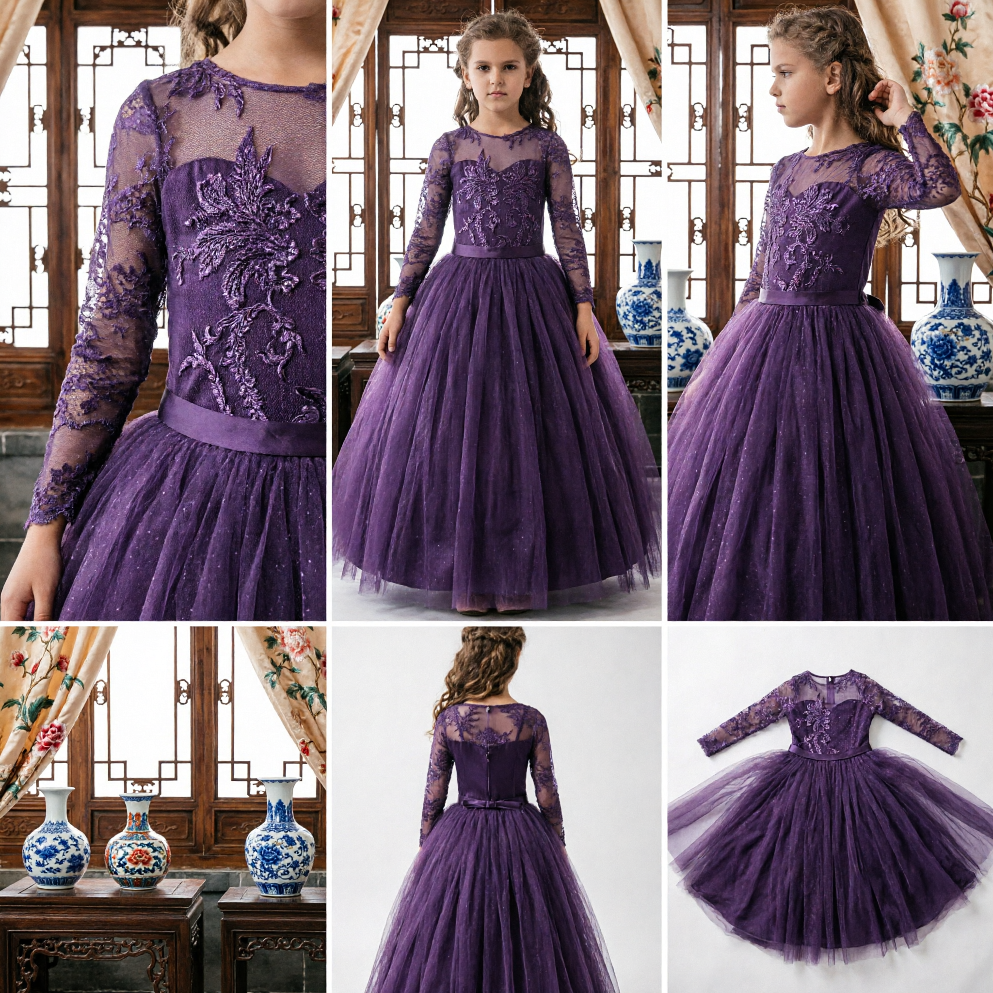 Elegant Dark Purple Long Sleeve Lace Flower Girl Dress Formal Wedding Pageant Party Ball Gown for Children