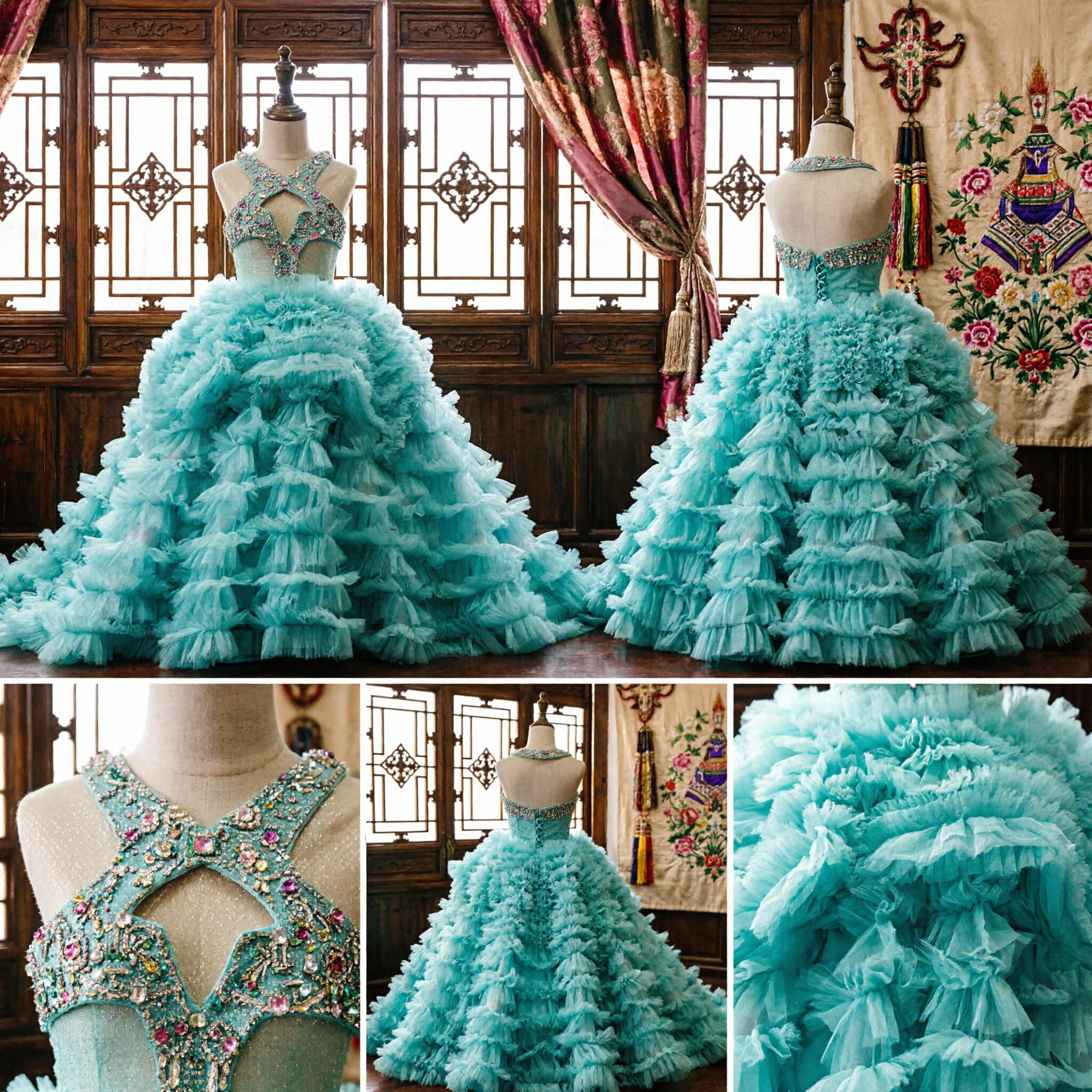 Luxurious Light Blue Tiered Ruffle Ball Gown with Beaded Bodice for Princess Pageant or Quinceañera