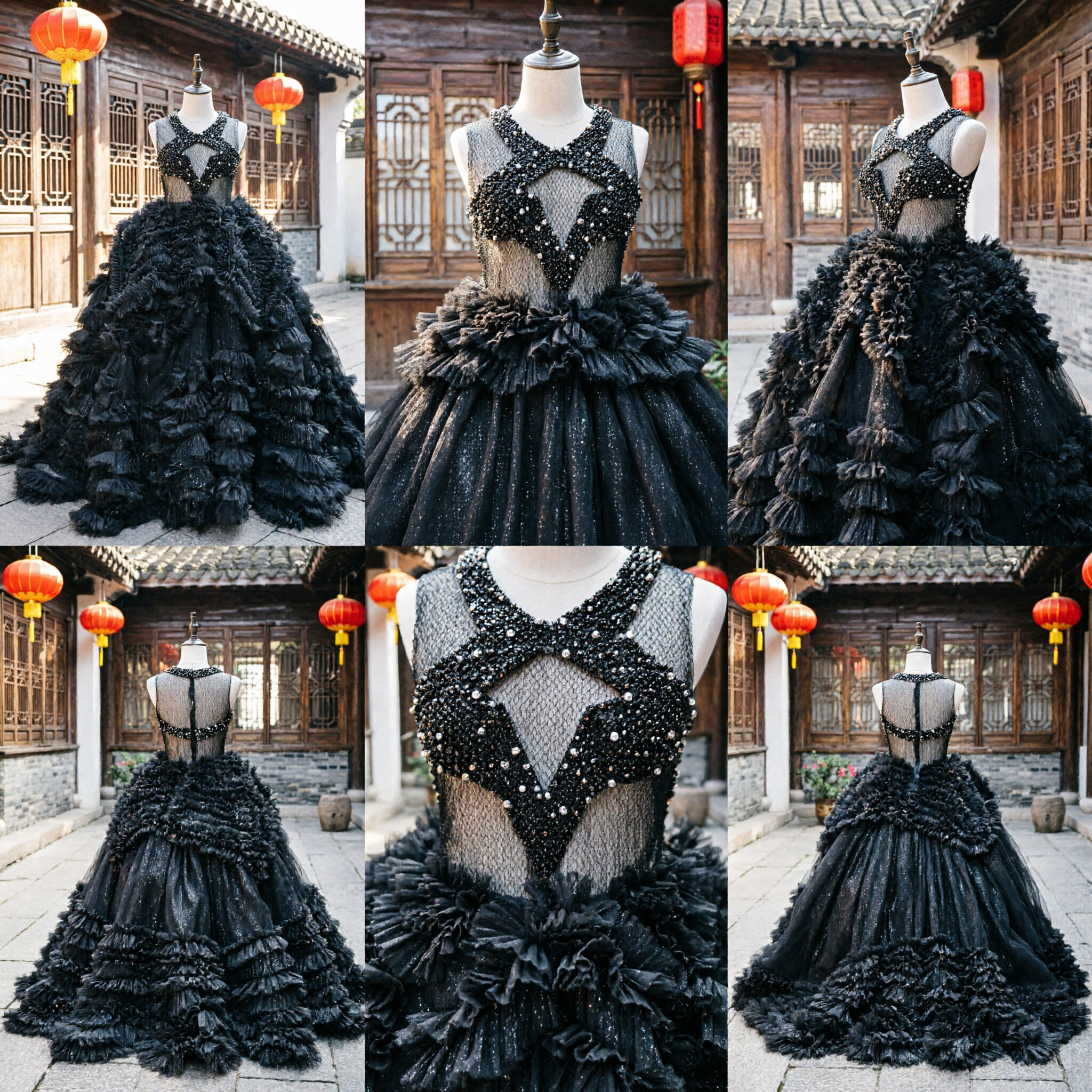 Elegant Black Quinceañera Ballgown with Beaded Mesh Bodice and Voluminous Tiered Ruffle Skirt for Formal Pageants