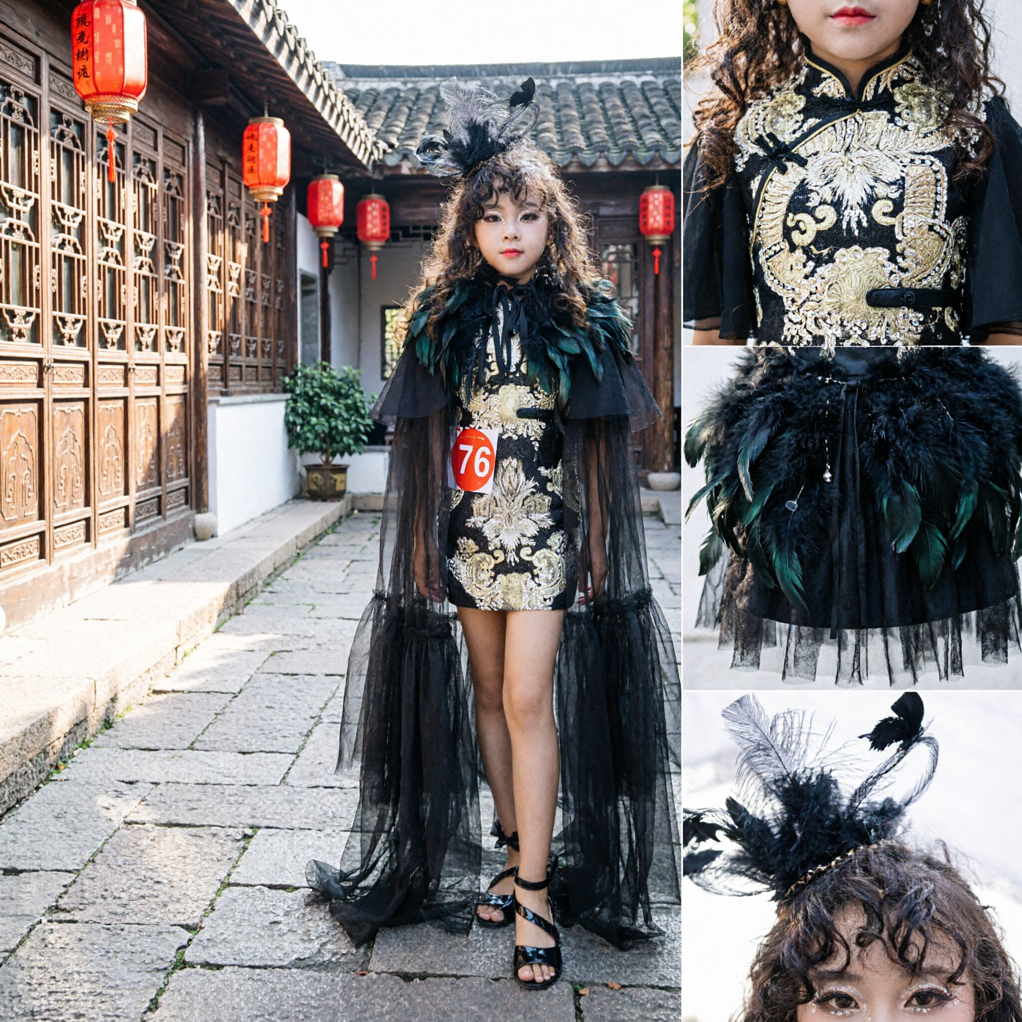 Women's Black Gold Gothic Cheongsam Dress with Sheer Tulle Cape for Stage Performance and Cosplay