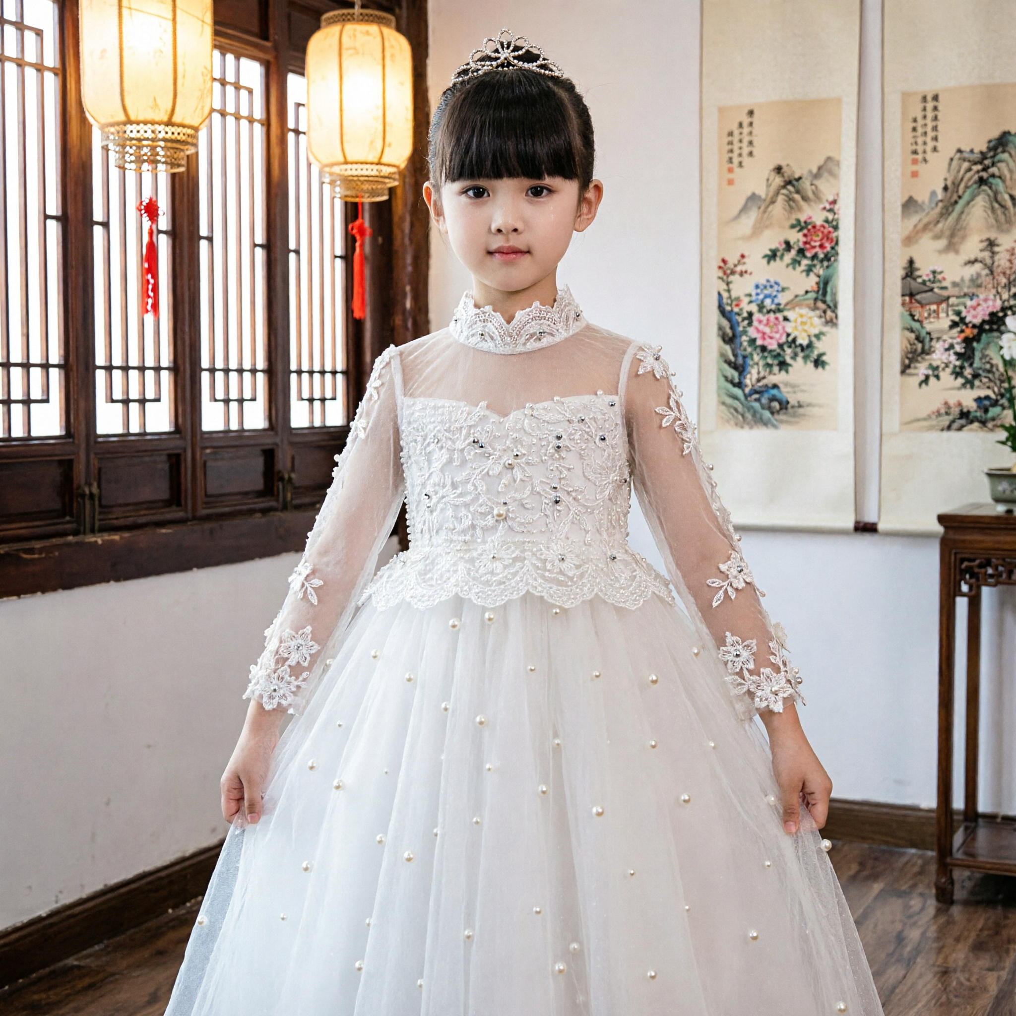 Elegant White Lace Flower Girl Dress Long Sleeve Kids Wedding Pageant Princess Ball Gown