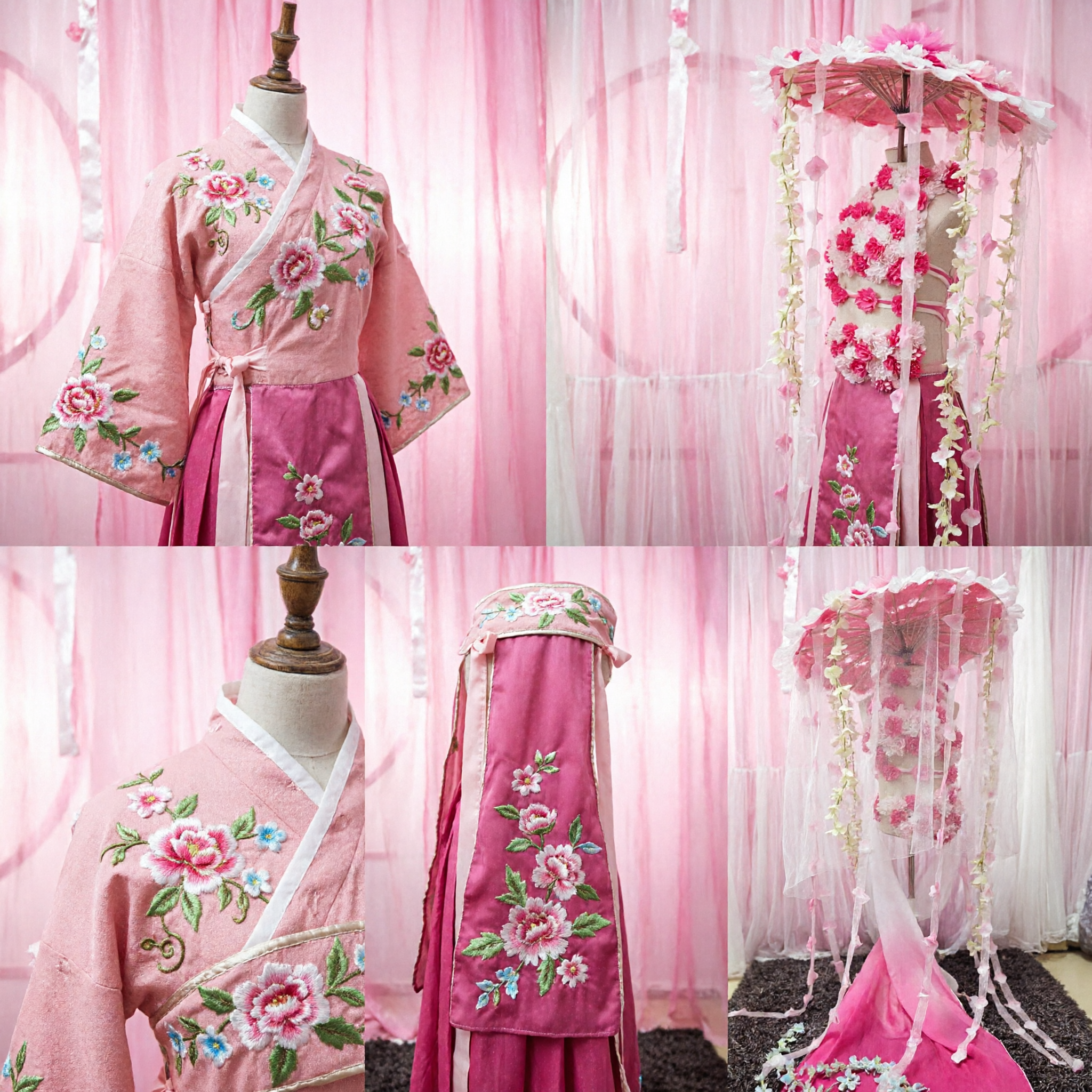 Traditional Chinese Pink Flower Umbrella Dance Prop with Floral Bodice and Long Skirt for Stage Performance