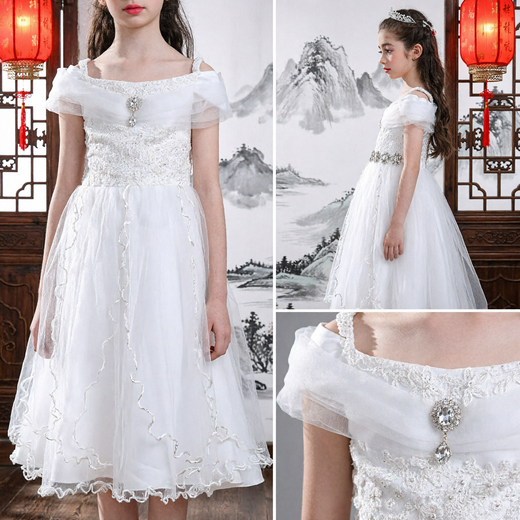Elegant White First Communion Dress for Girls Off-Shoulder Lace Bodice Tulle Flower Girl Party Gown