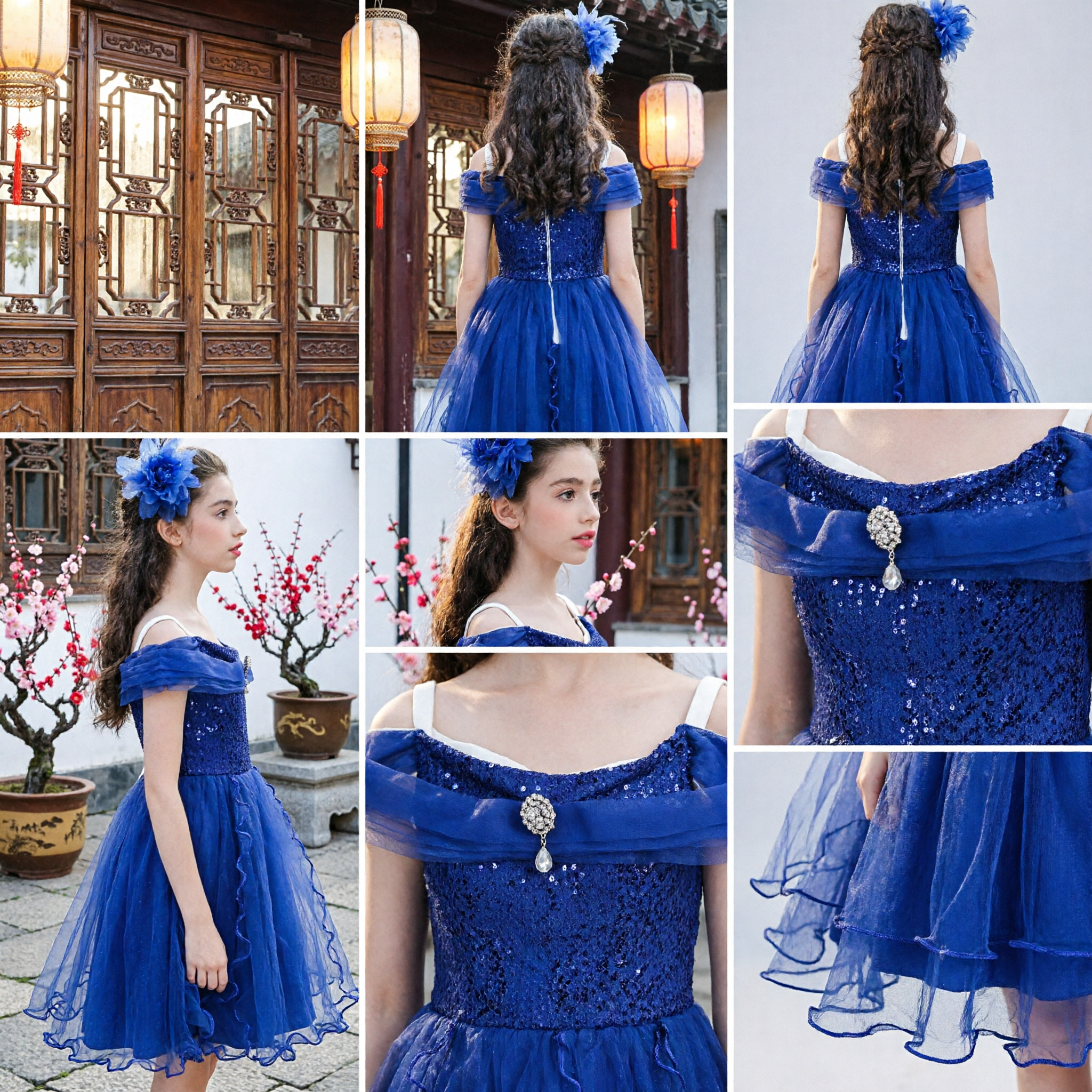 Royal Blue Off-Shoulder Sequin Princess Dress with Ruffled Tulle Skirt for Girls Wedding Party