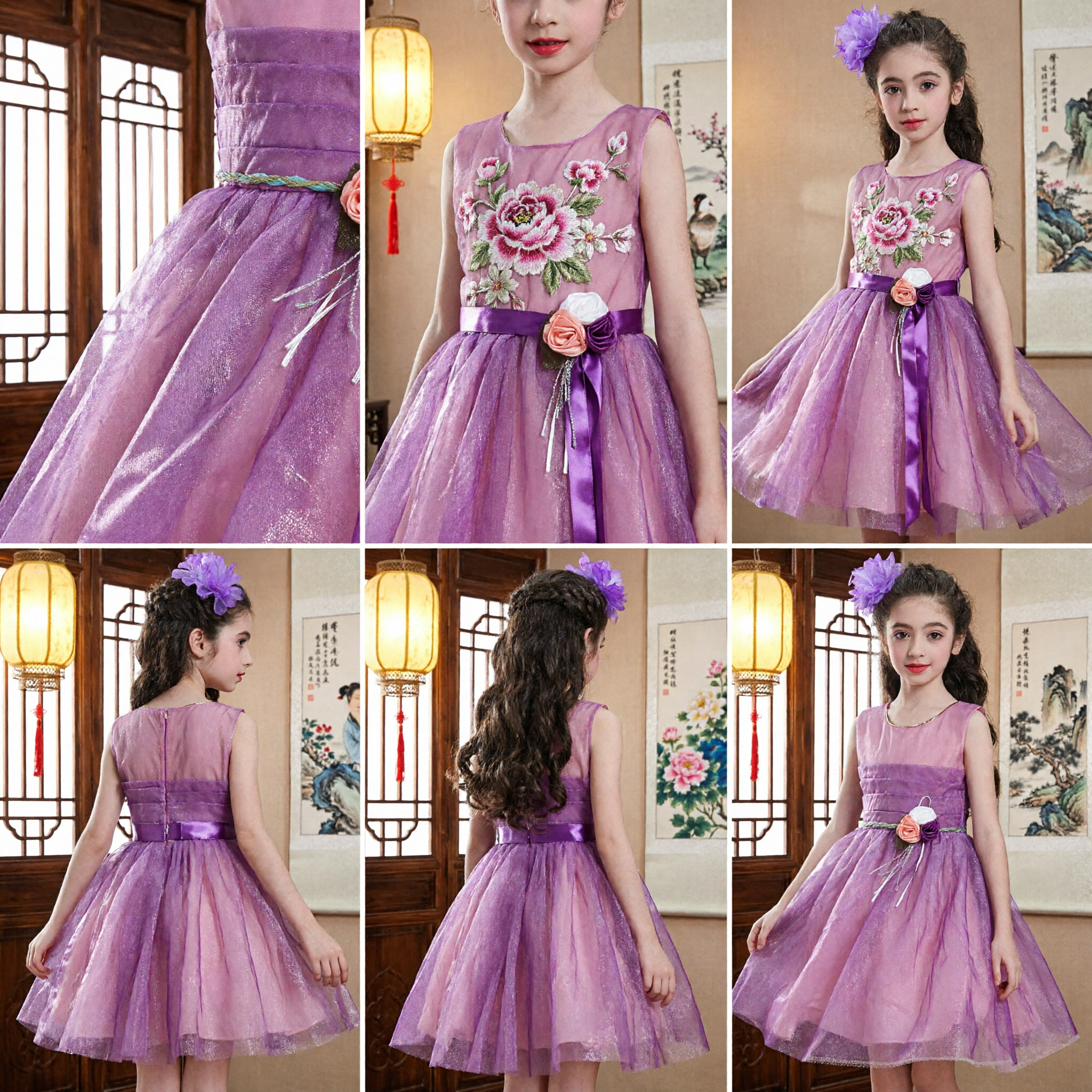 Girls Purple Pink Gradient Sleeveless Cheongsam Dress Modern Chinese Style Tulle Skirt Party Performance Costume