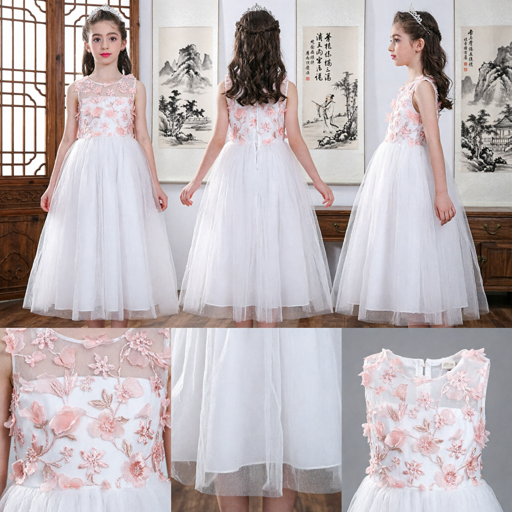 Elegant White Flower Girl Dress with Pink Floral Bodice and Long Tulle Skirt for Weddings
