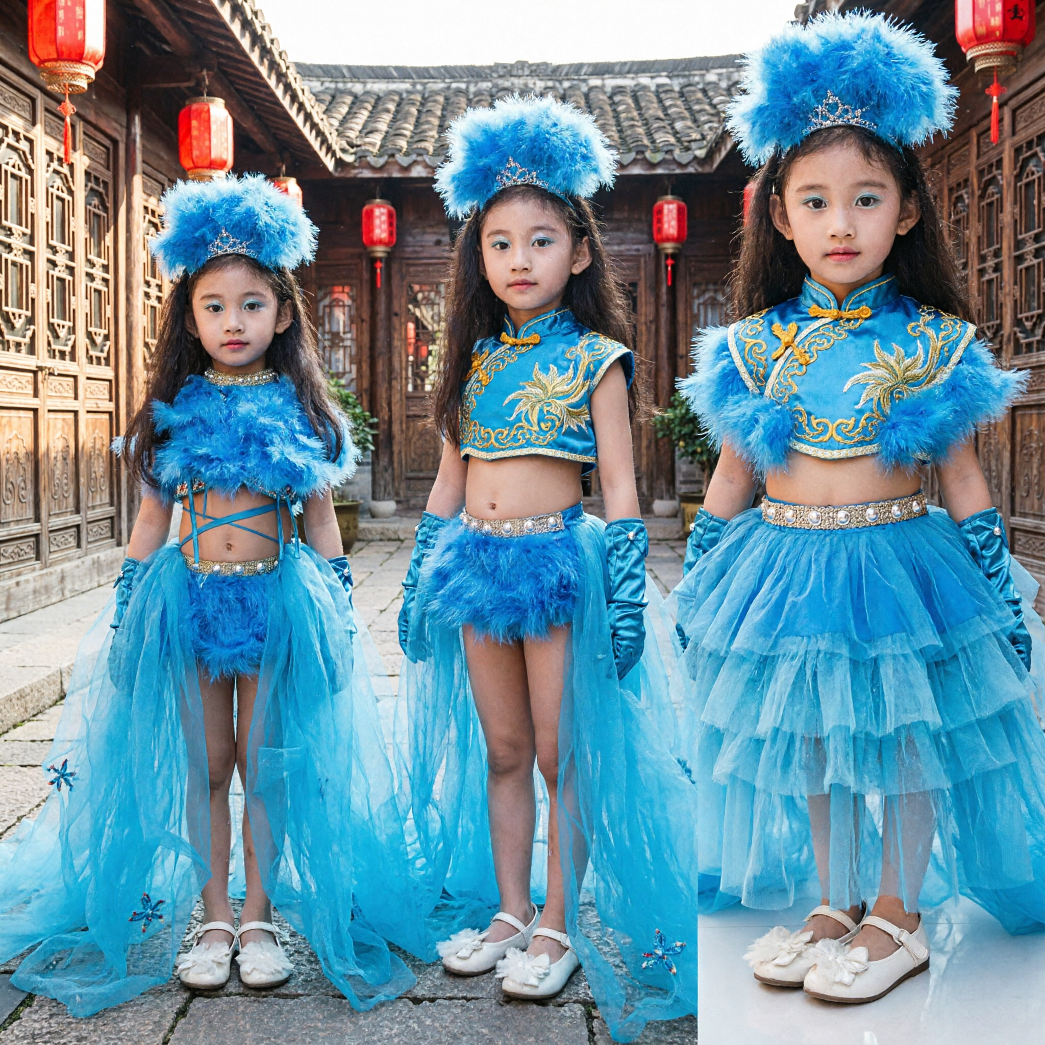 Blue Peacock Dance Costume for Girls Feather Stage Performance Dress Fairy Tale Princess Outfit