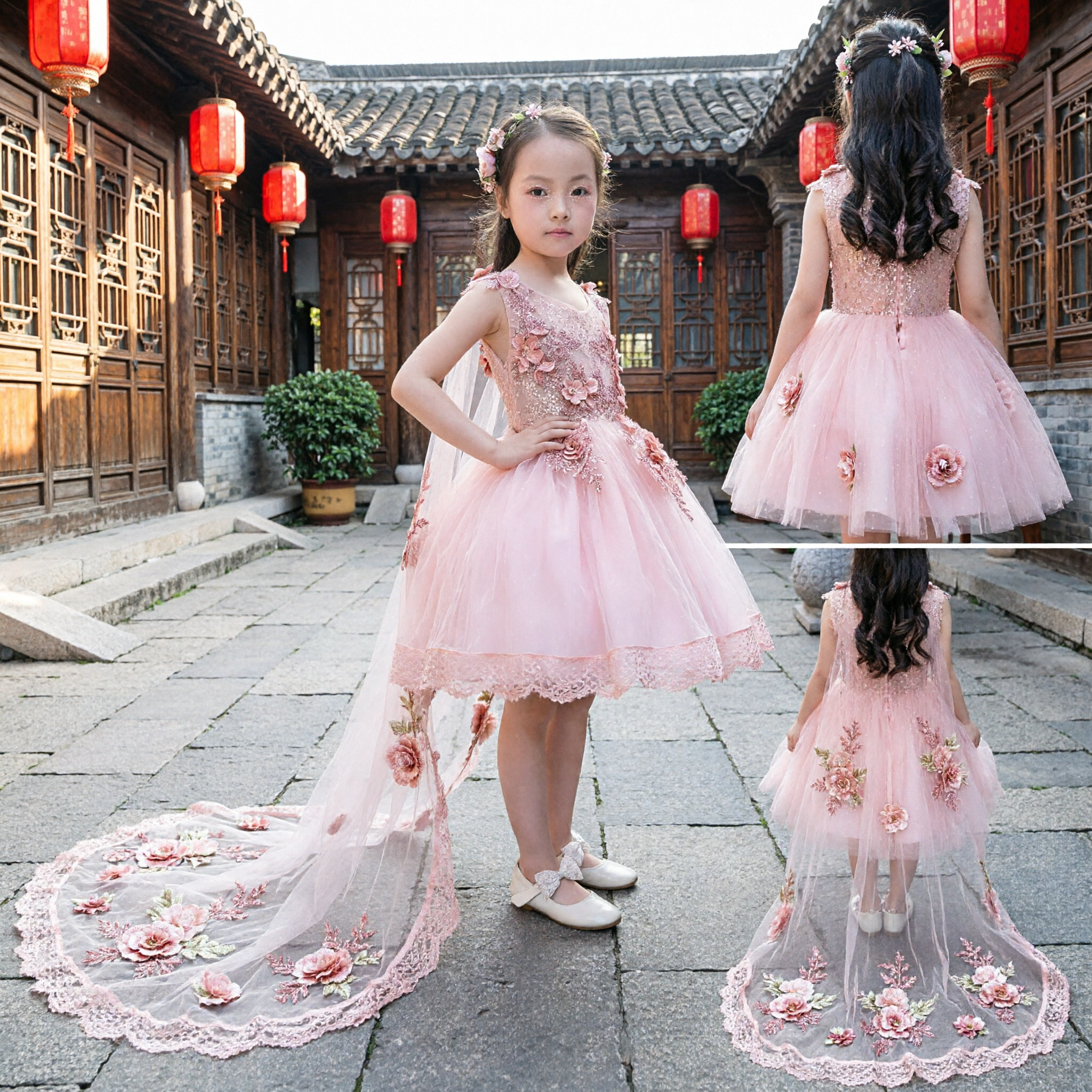 Elegant Pink Flower Girl Dress with 3D Floral Applique and Tulle Train for Kids Wedding Party