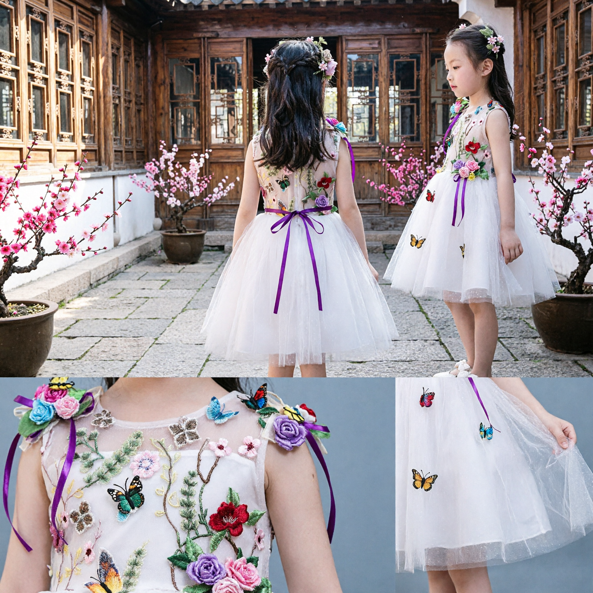Kids Girls Fairy Princess Dress Sleeveless Butterfly Embroidery Tulle Gown for Wedding Party