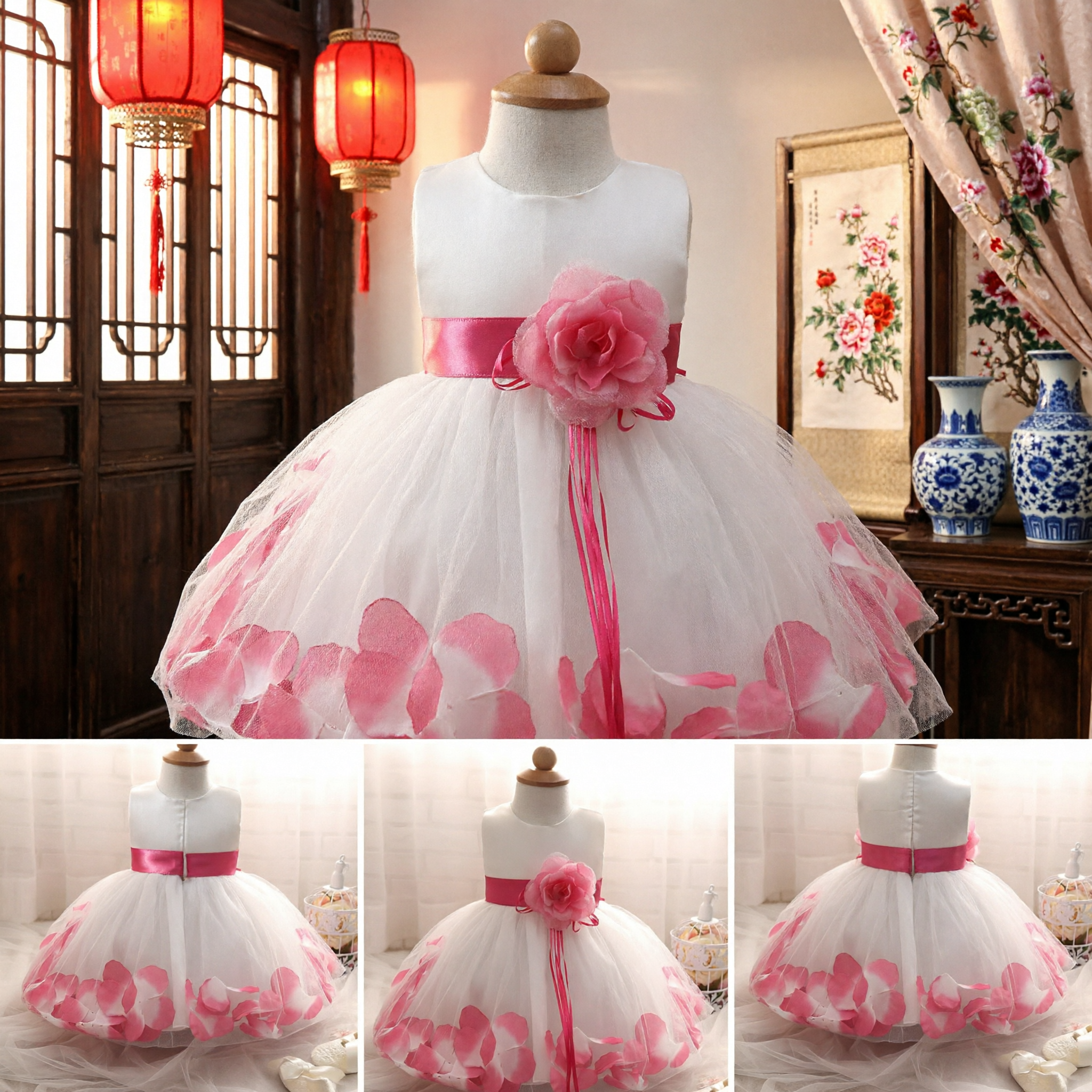 White Tulle Flower Girl Dress with Pink Petal Skirt and Sash for Toddler Wedding Party
