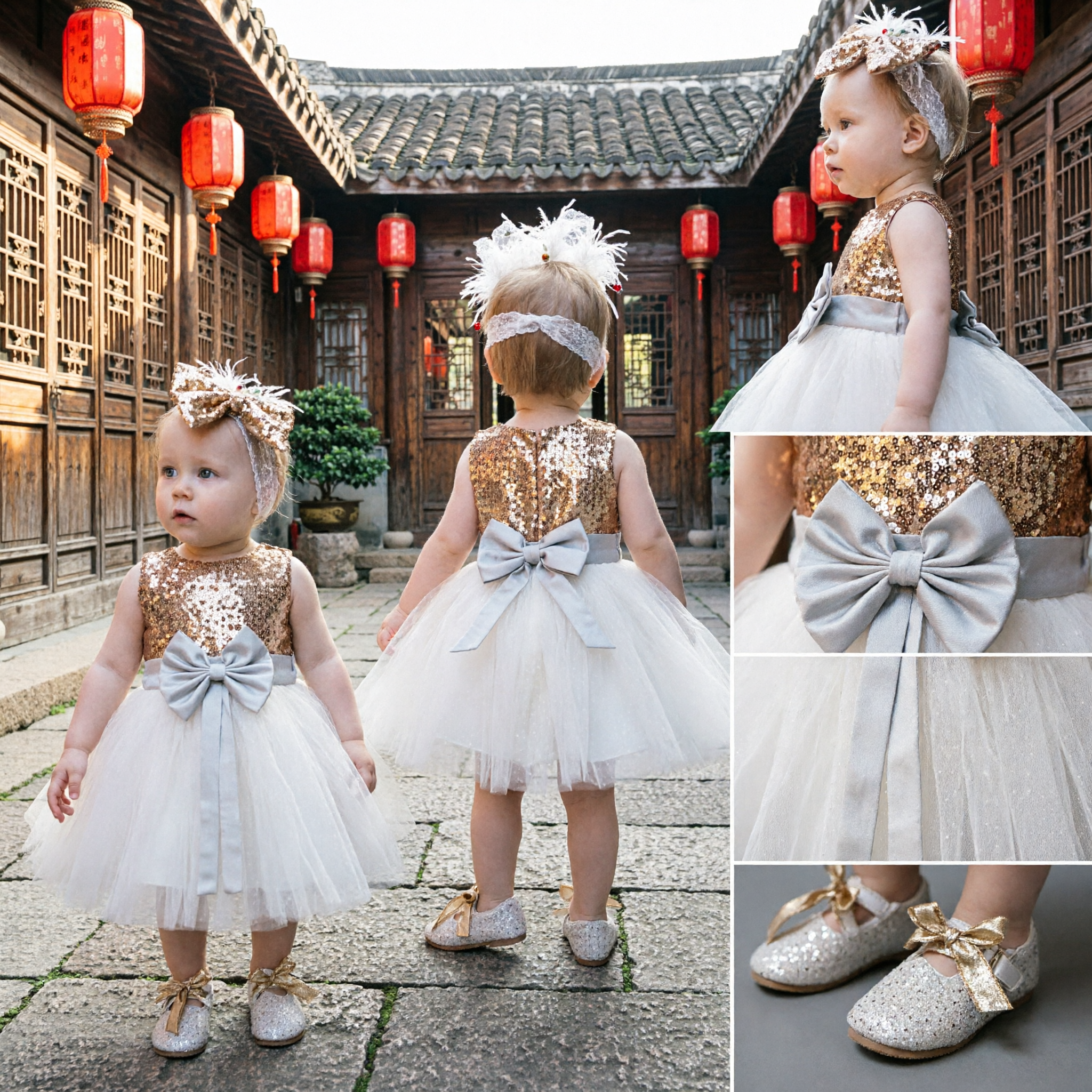 Baby Girl Gold Sequin Bodice White Tulle Tutu Dress Flower Girl Wedding Party Princess Costume