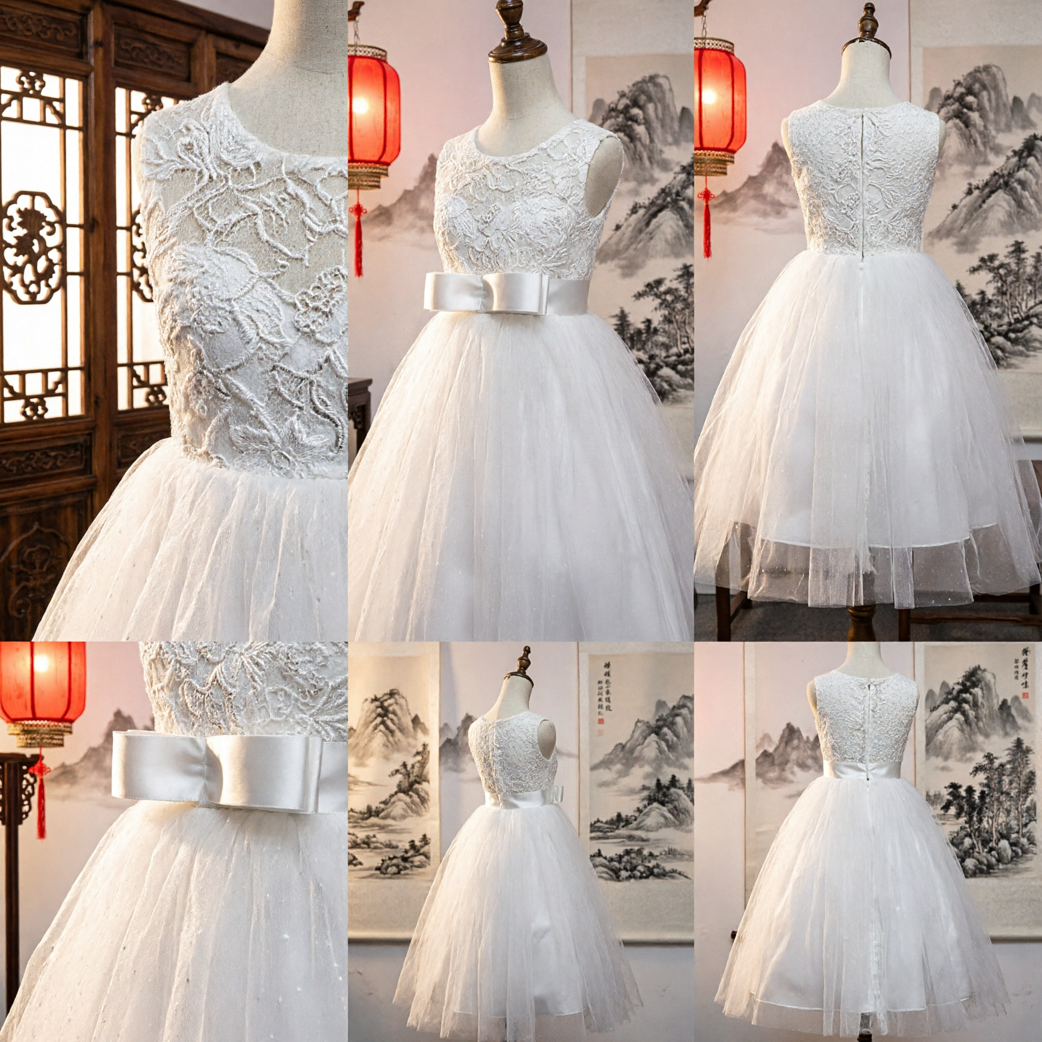 Girls White Lace Flower Girl Dress Sleeveless Tulle Ballgown for Wedding First Communion Party