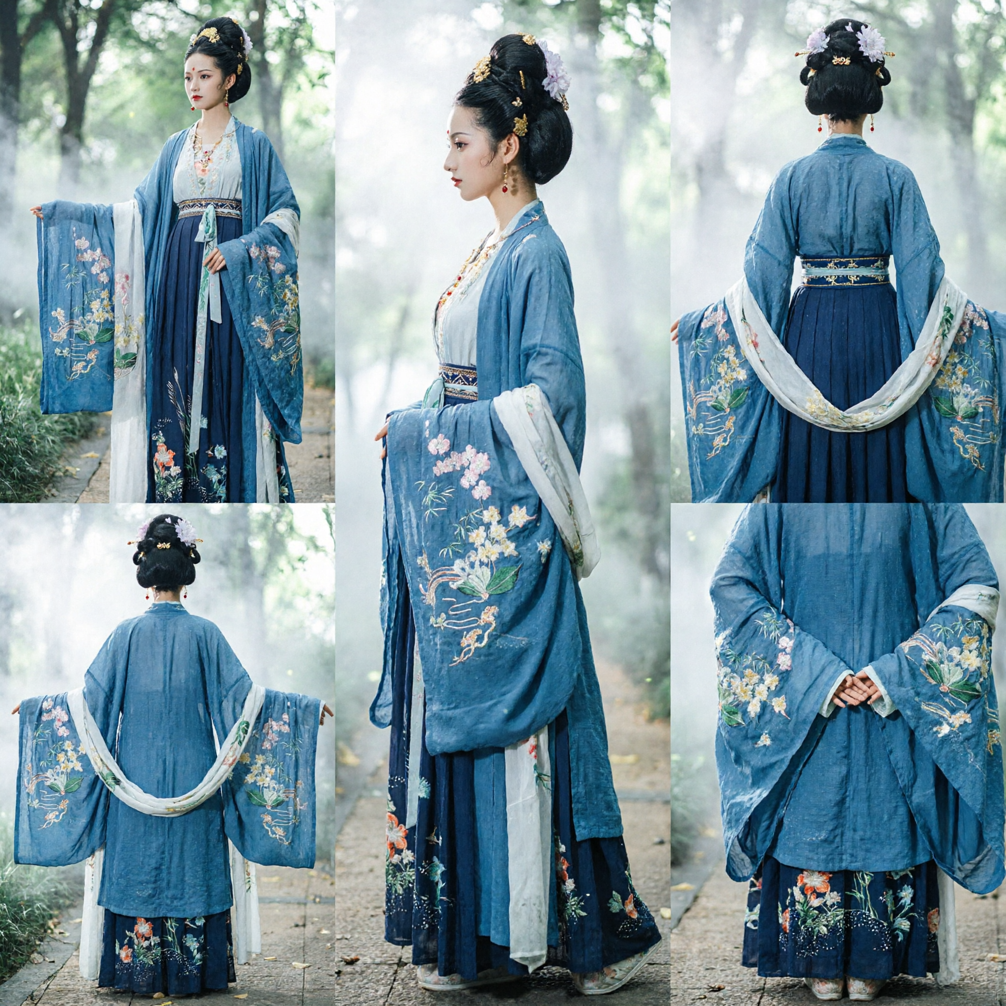 Elegant Blue Hanfu Traditional Chinese Costume Embroidered Floral Dress Ancient Tang Dynasty Clothing for Women