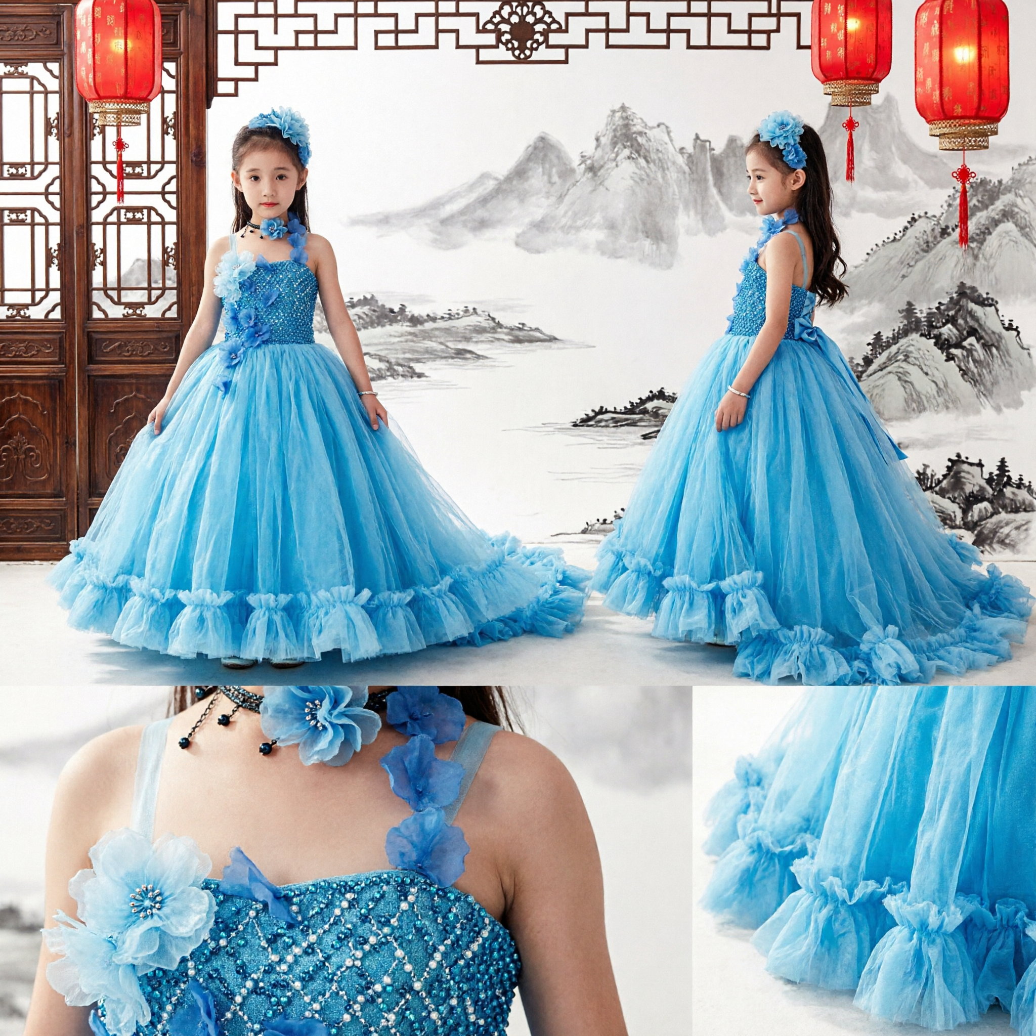 Elegant Blue Kids Flower Girl Dress Wedding Pageant Party Formal Tulle Gown with Headpiece