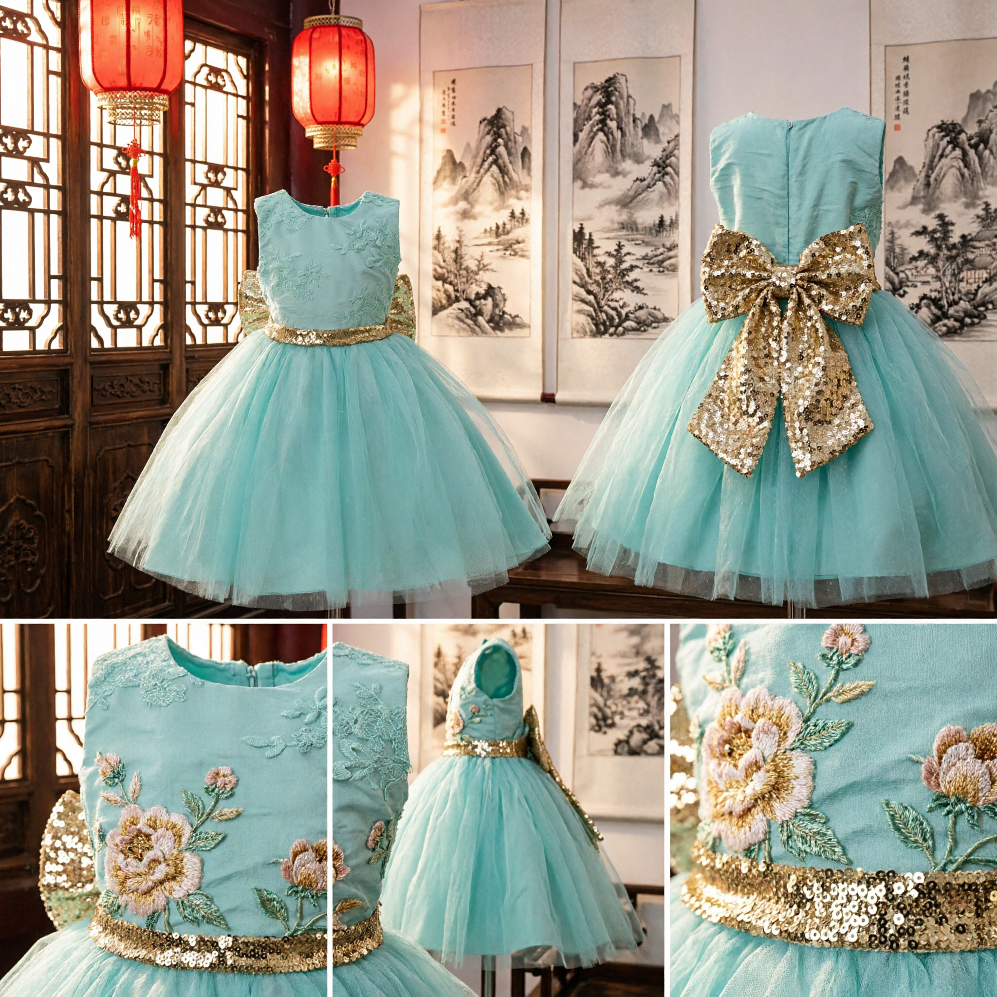Girls Princess Tutu Dress Gold Sequin Bow Floral Embroidery Formal Wedding Party Flower Girl Gown