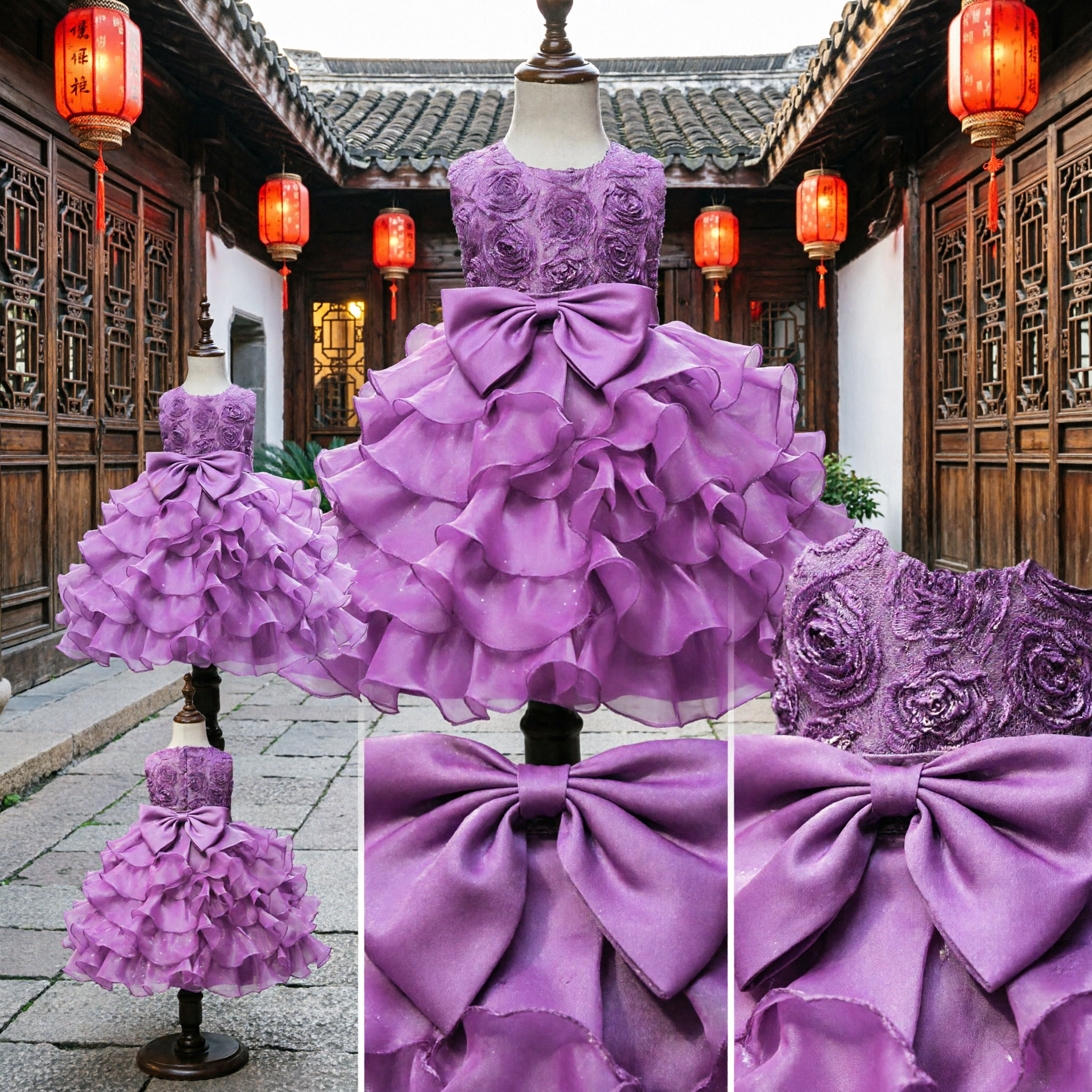 Girls Purple Flower Girl Dress Sleeveless 3D Floral Bodice Big Bow Ruffled Tiered Skirt Princess Party Wedding Gown