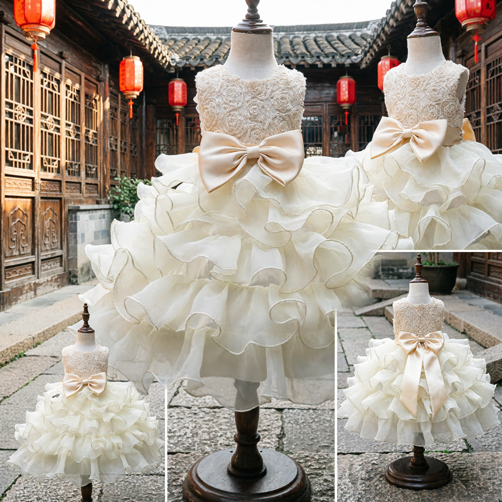 Elegant Girls Flower Girl Dress Champagne Princess Ball Gown with Big Bow Ruffled Organza Skirt for Wedding