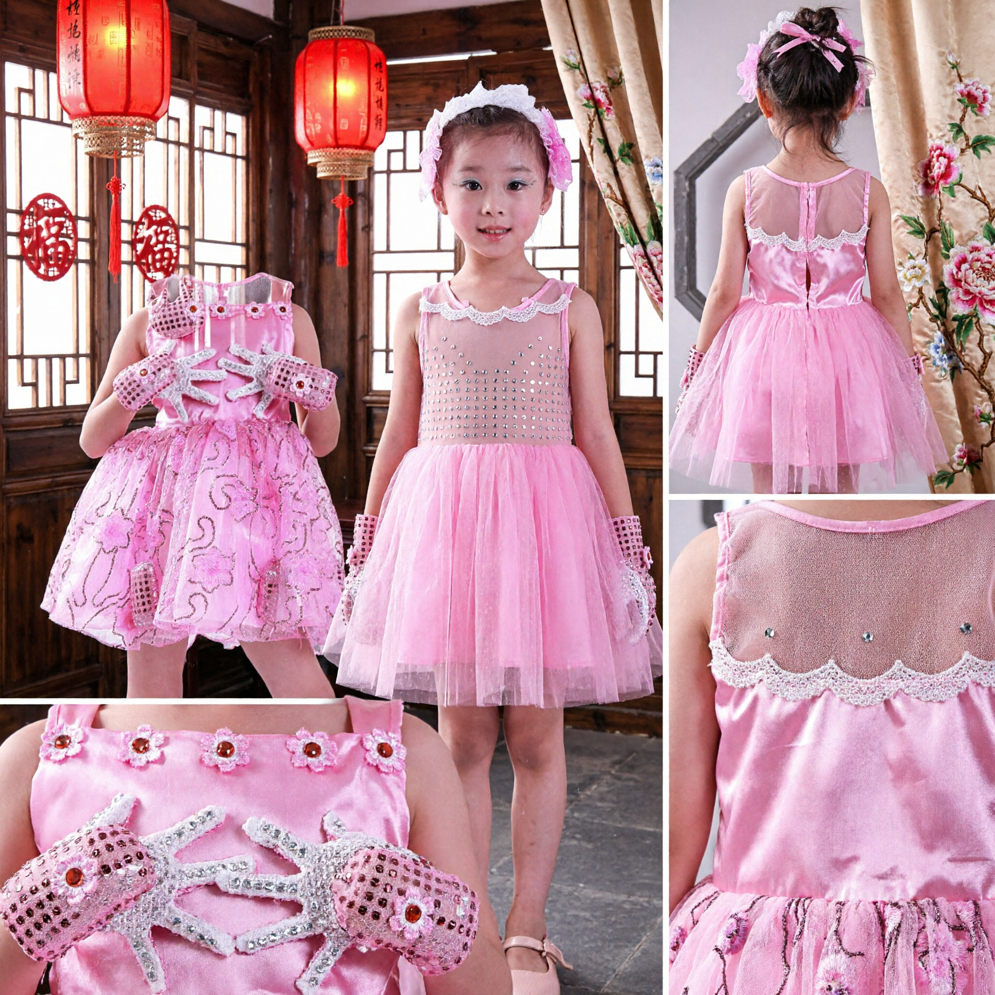 Girls Pink Sequin Stage Performance Dance Costume Dress with Matching Gloves and Headpiece for Kids