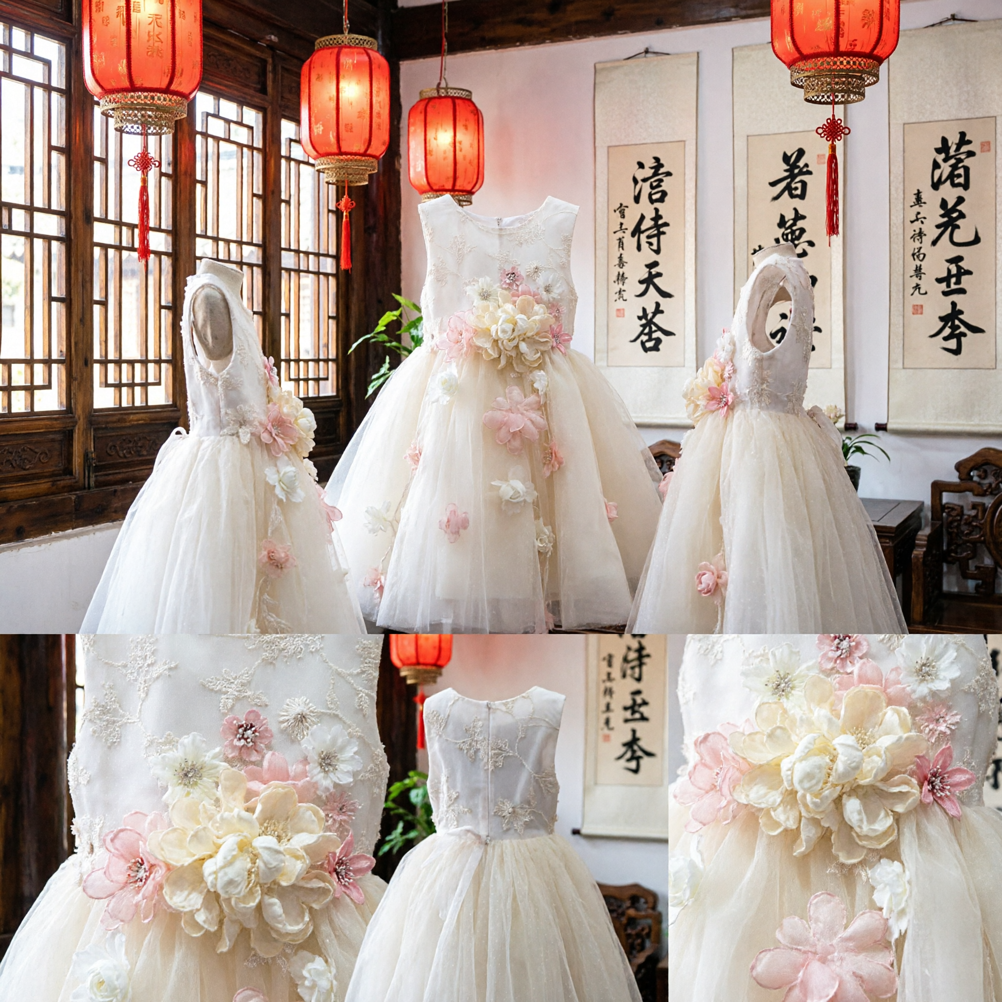 Elegant Cream Flower Girl Dress with 3D Floral Appliques Tulle Princess Gown for Wedding Party