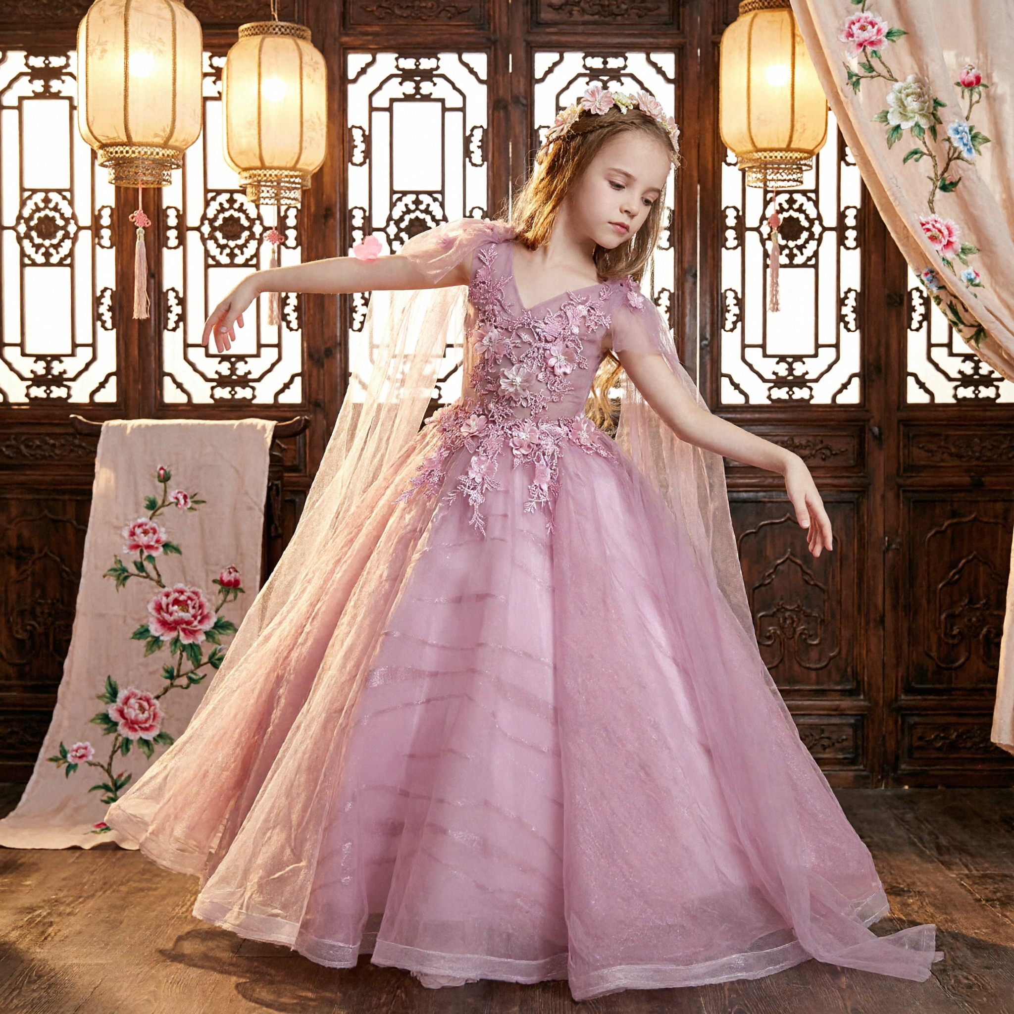Elegant Pink Floral Tulle Ball Gown Dress for Girls Flower Girl Wedding Party Pageant Princess