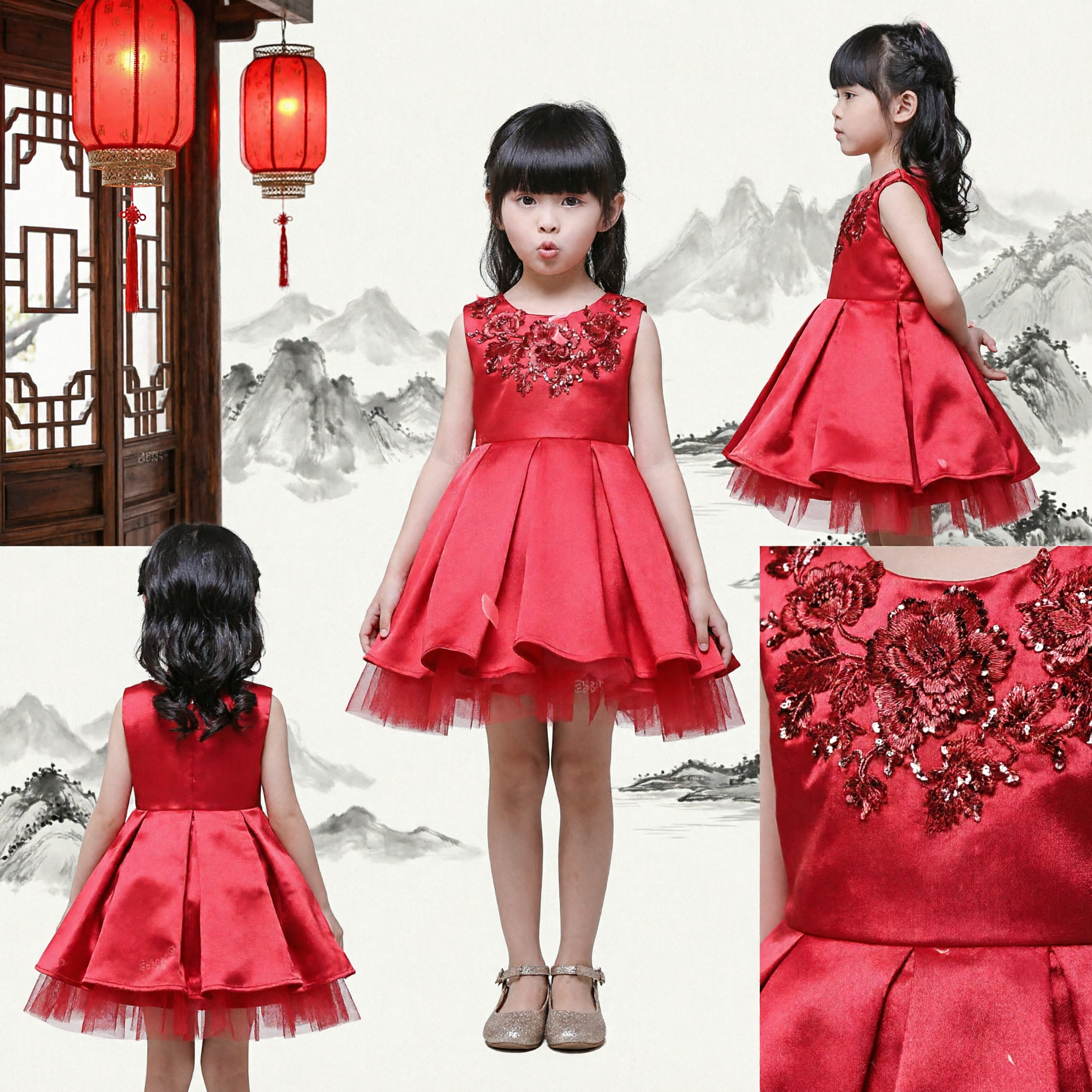 Girls Red Sequin Floral Sleeveless Princess Dress for Wedding Party Performance Formal Occasion