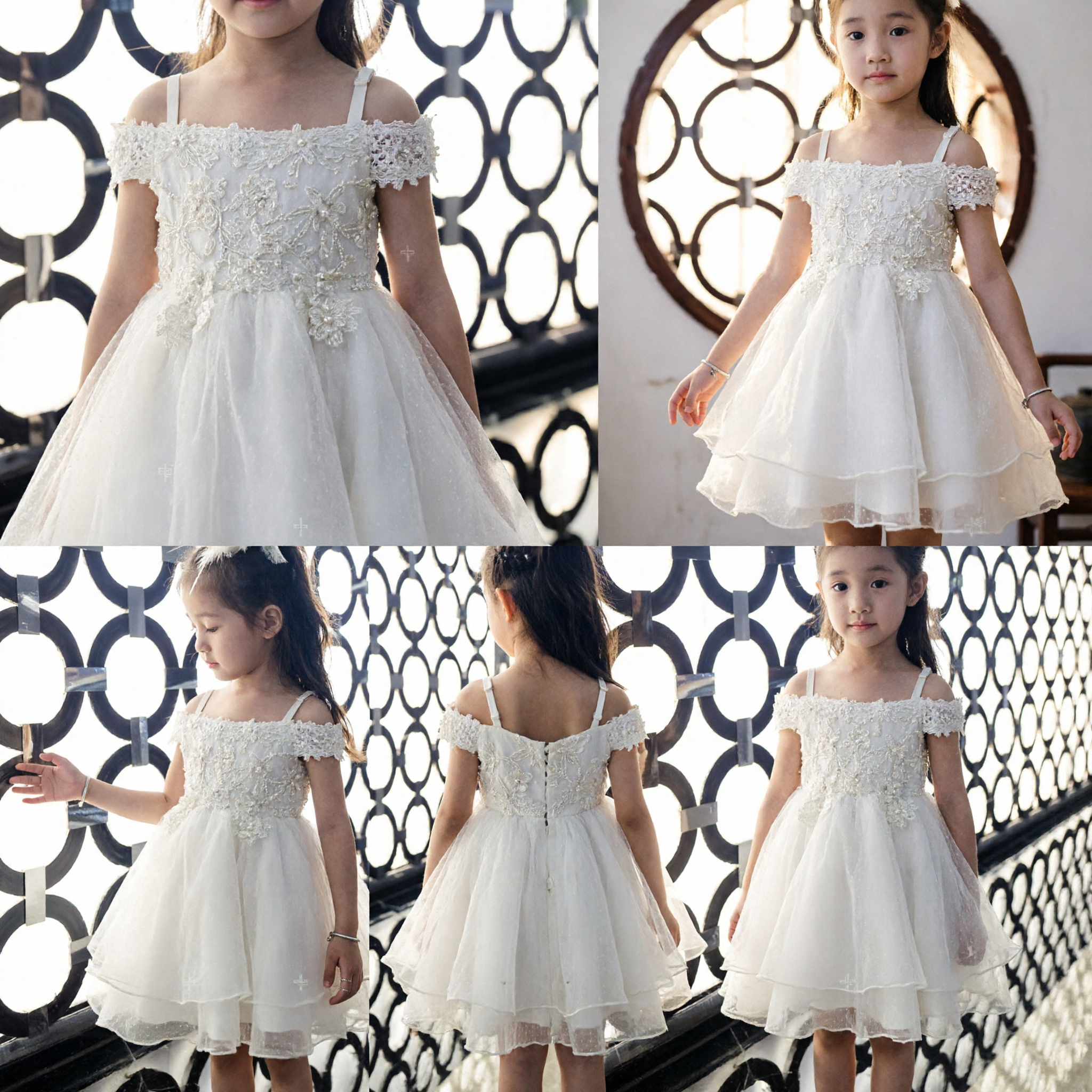 Elegant White Off-Shoulder Lace Tulle Dress for Little Girls Wedding Flower Girl Party Gown