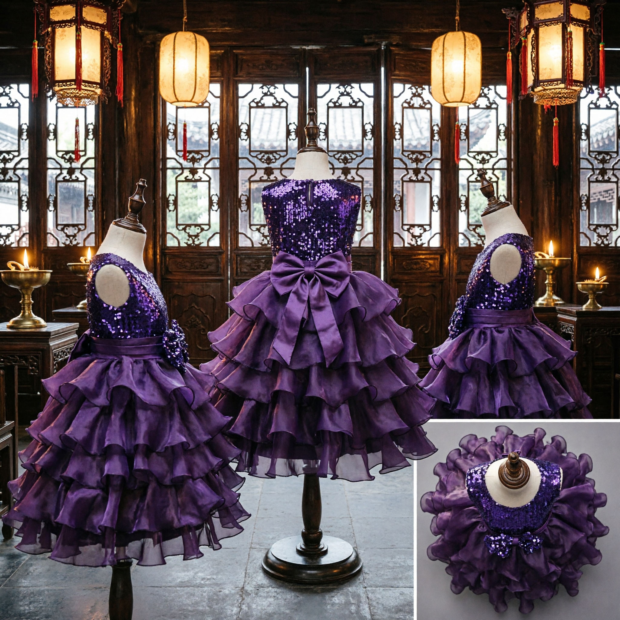 Girls Purple Sequin Party Dress with Large Bow and Tiered Ruffle Skirt for Flower Girl Pageant