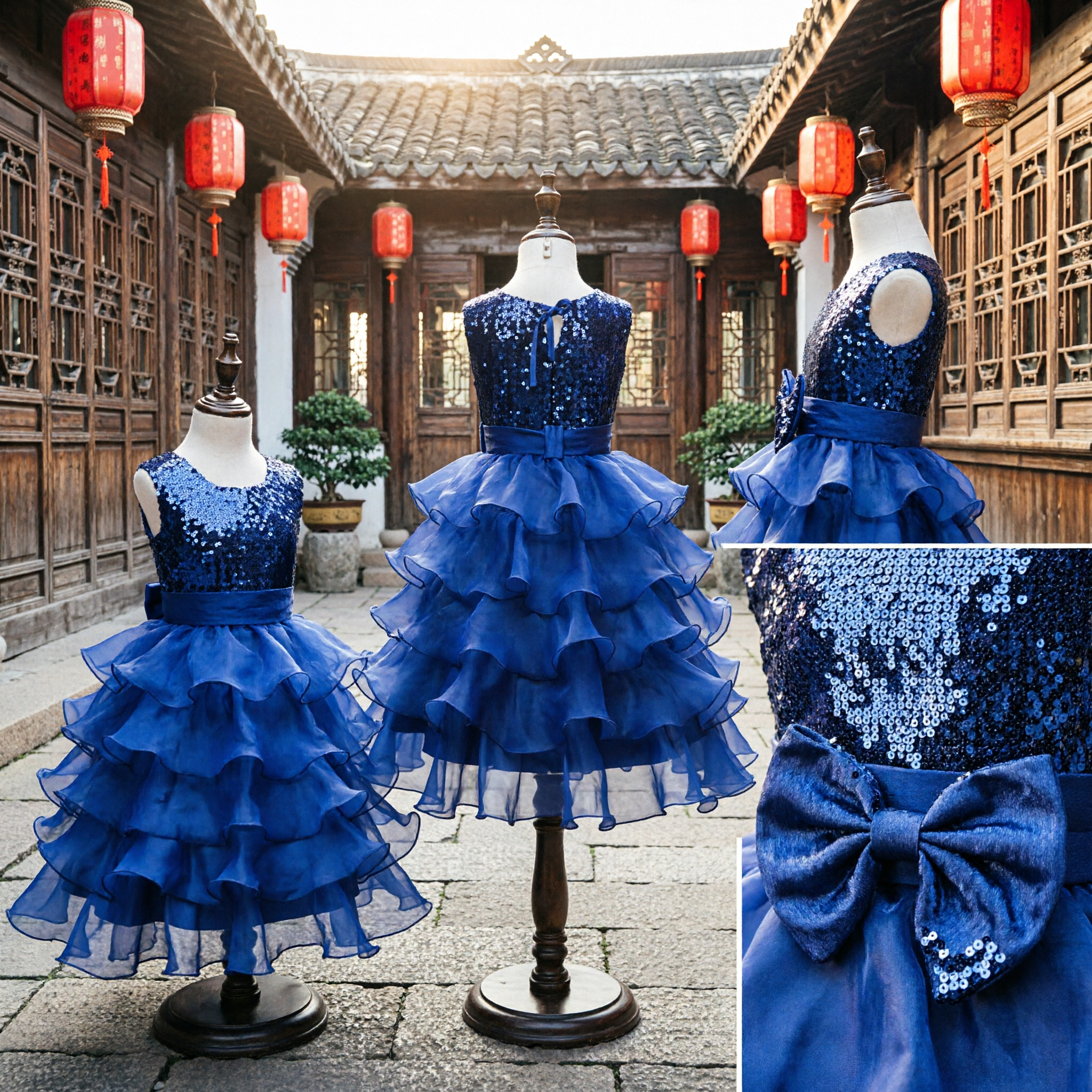 Royal Blue Sequin Bodice Flower Girl Dress with Tiered Ruffle Tulle Skirt for Wedding Party Pageant