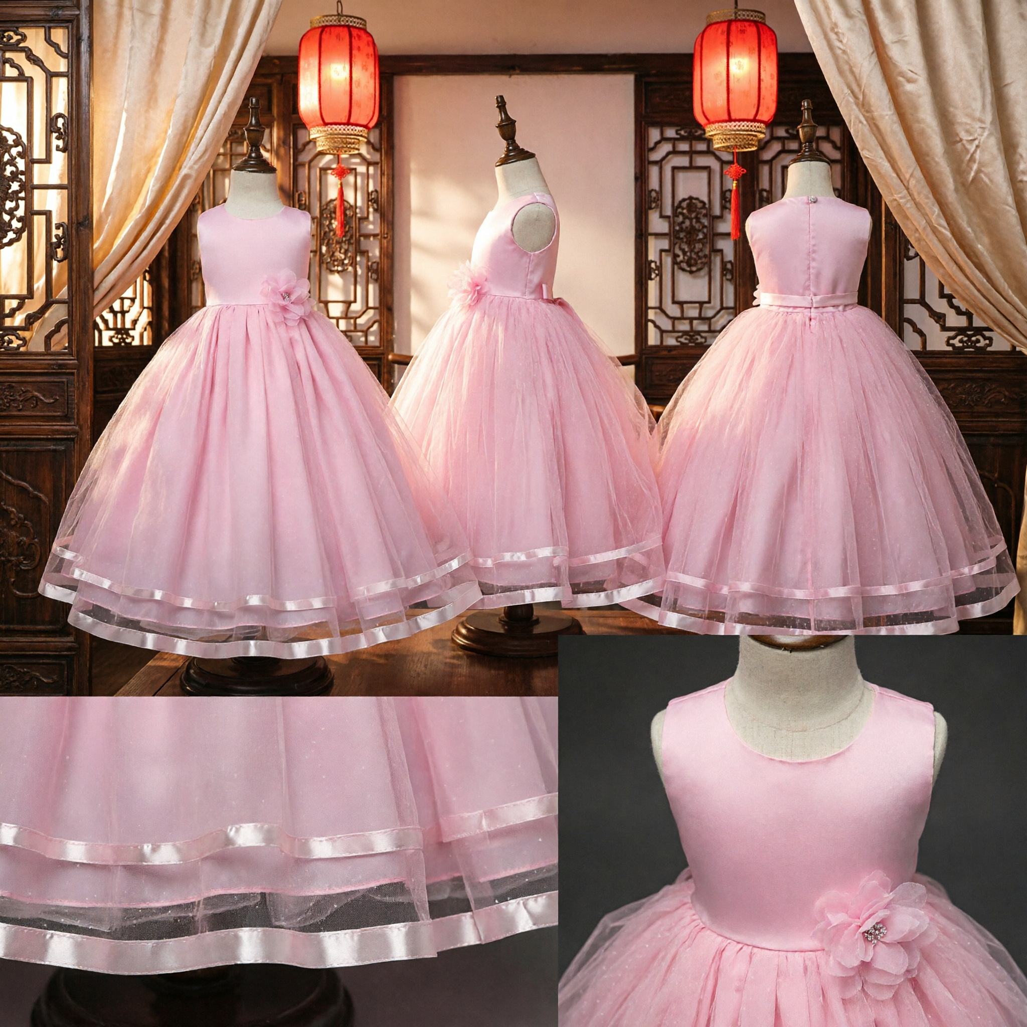 Elegant Pink Tulle Flower Girl Dress Sleeveless Ball Gown for Kids Wedding Party