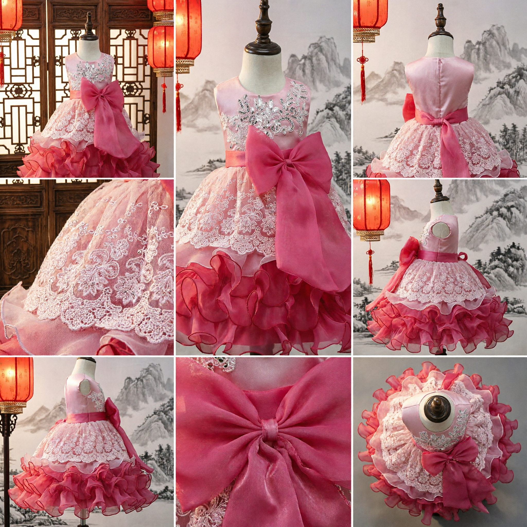 Girls Pink Flower Girl Dress Sequin Lace Bodice Big Bow Ruffle Skirt Wedding Party Gown