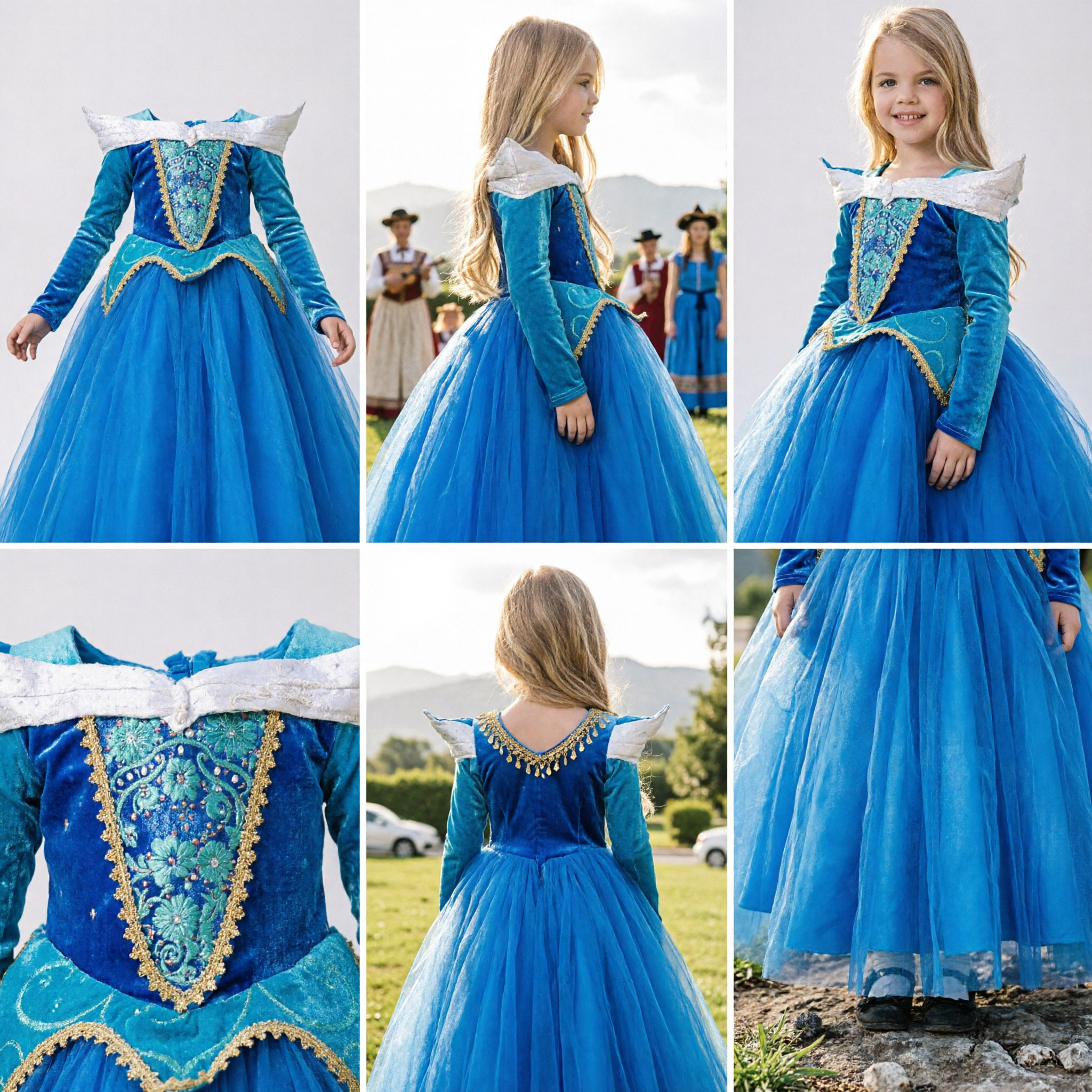 Girls Blue Princess Ballgown Costume Dress with Sequin Bodice for Halloween Party and Cosplay