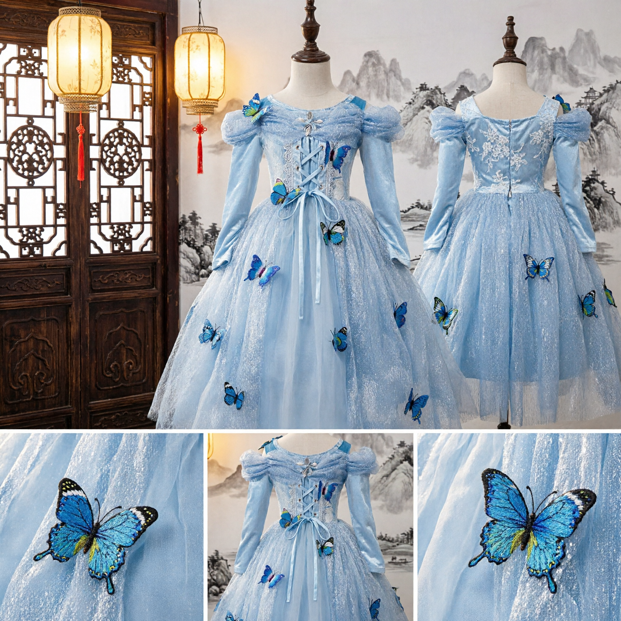Girls Blue Butterfly Princess Dress Kids Fairy Cosplay Costume for Halloween Birthday Party Performance
