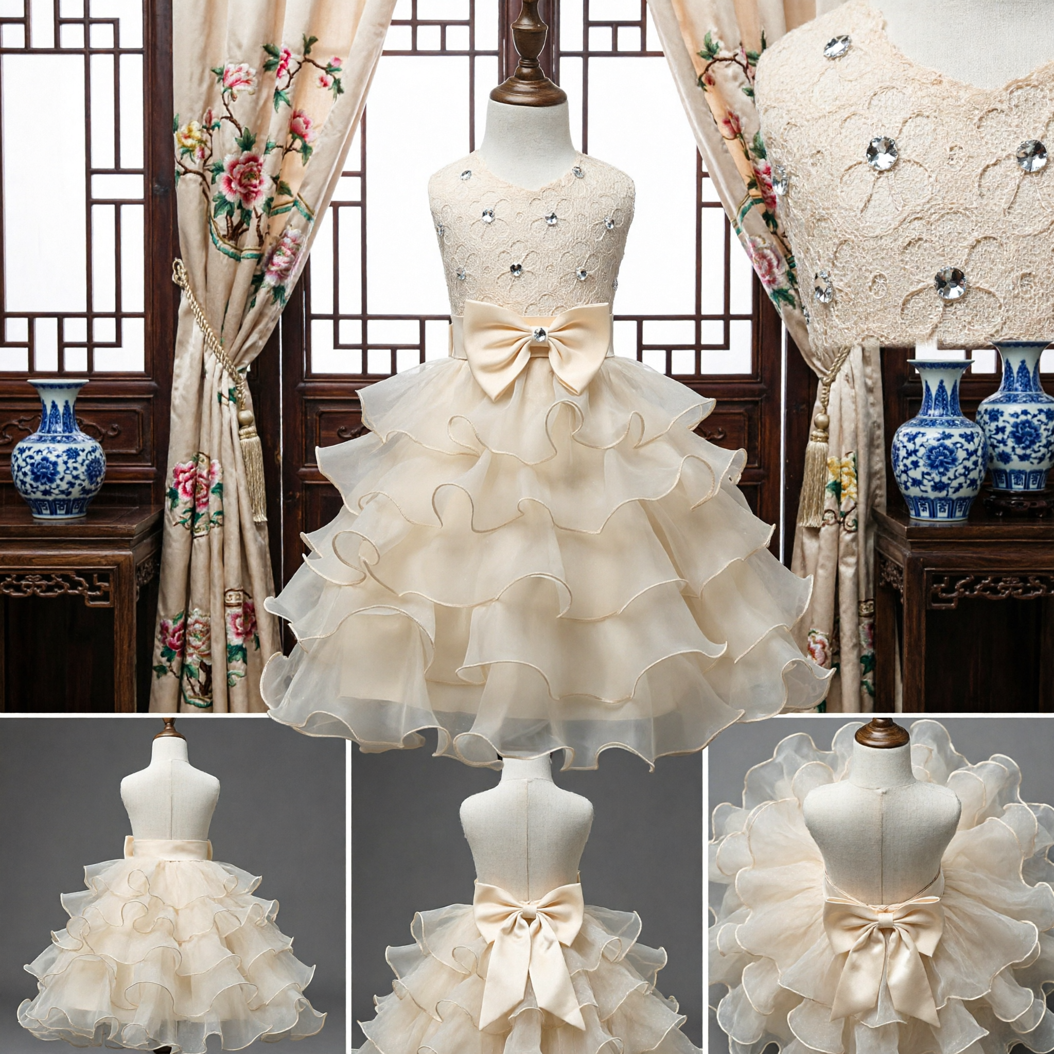 Elegant Cream Flower Girl Dress for Kids Formal Wedding Party with Rhinestone Bodice and Ruffled Tutu Skirt