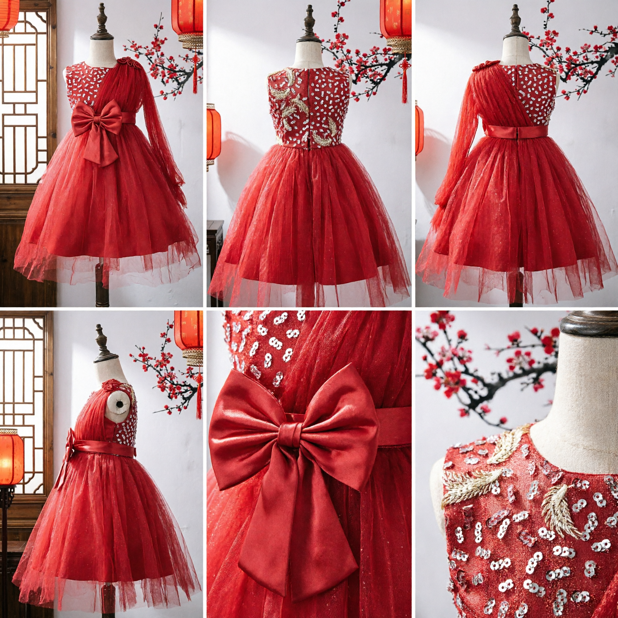 Girls Red One-Shoulder Sequin Bow Tulle Dress Kids Stage Performance Host Party Costume